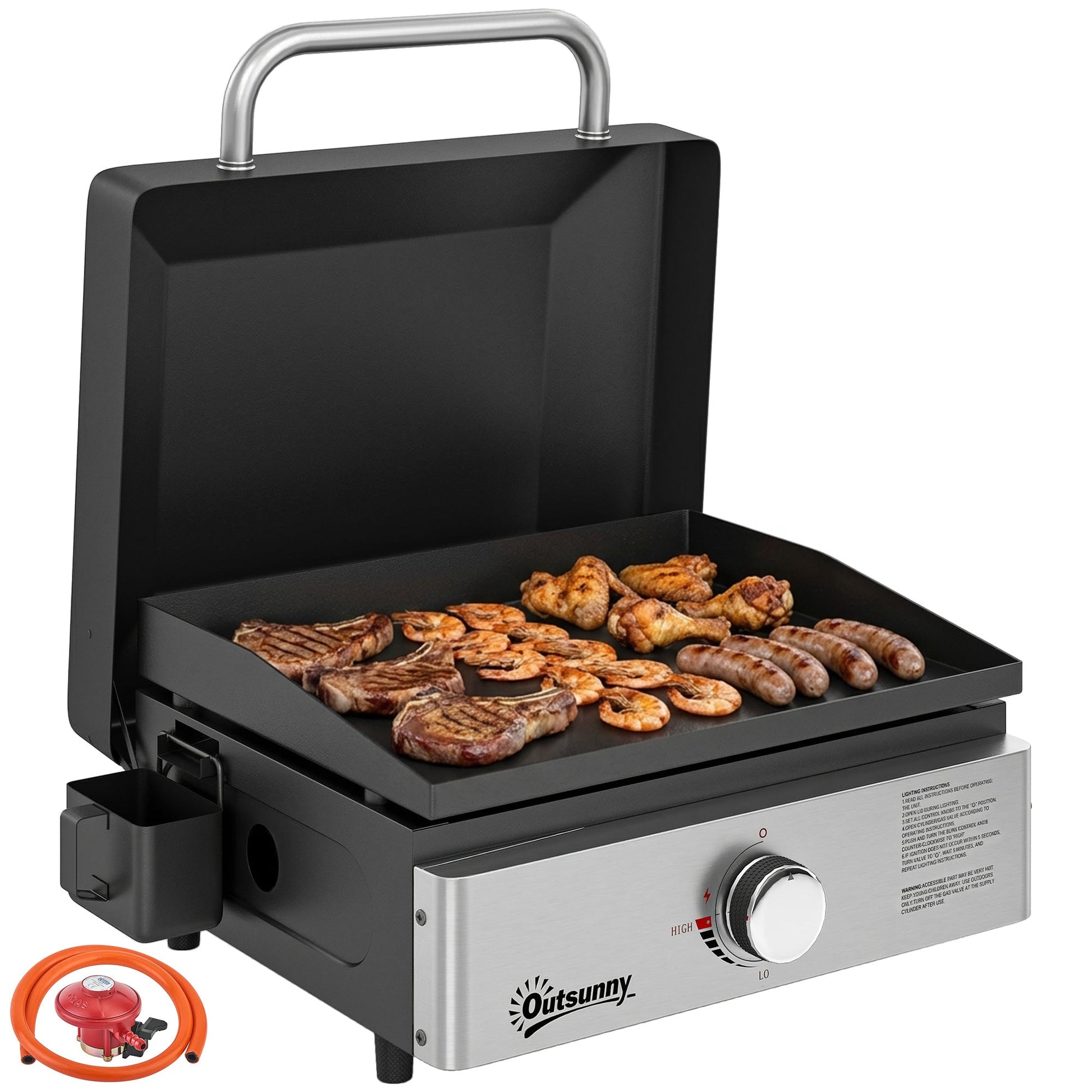 Grill Griddle, Portable Gas Plancha, 3.5 kW, Tabletop Gas BBQ with Grease Cup for Camping Picnic Patios, Black