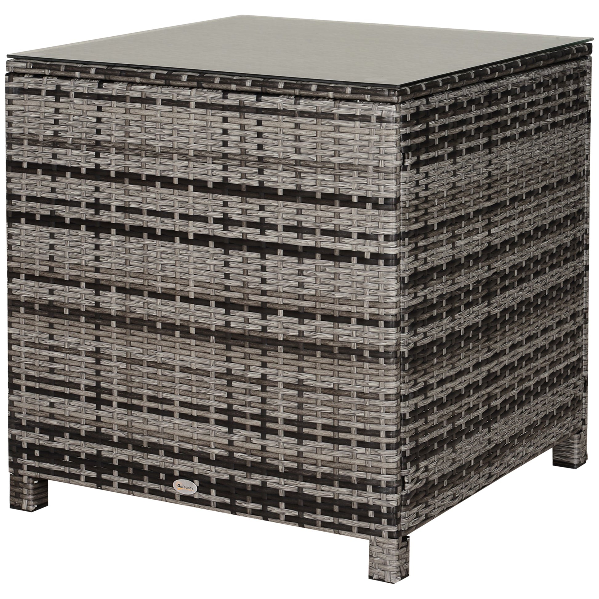 Patio PE Rattan Side Table, Square Outdoor Coffee Table w/ Tempered Glass Top, Mixed Grey