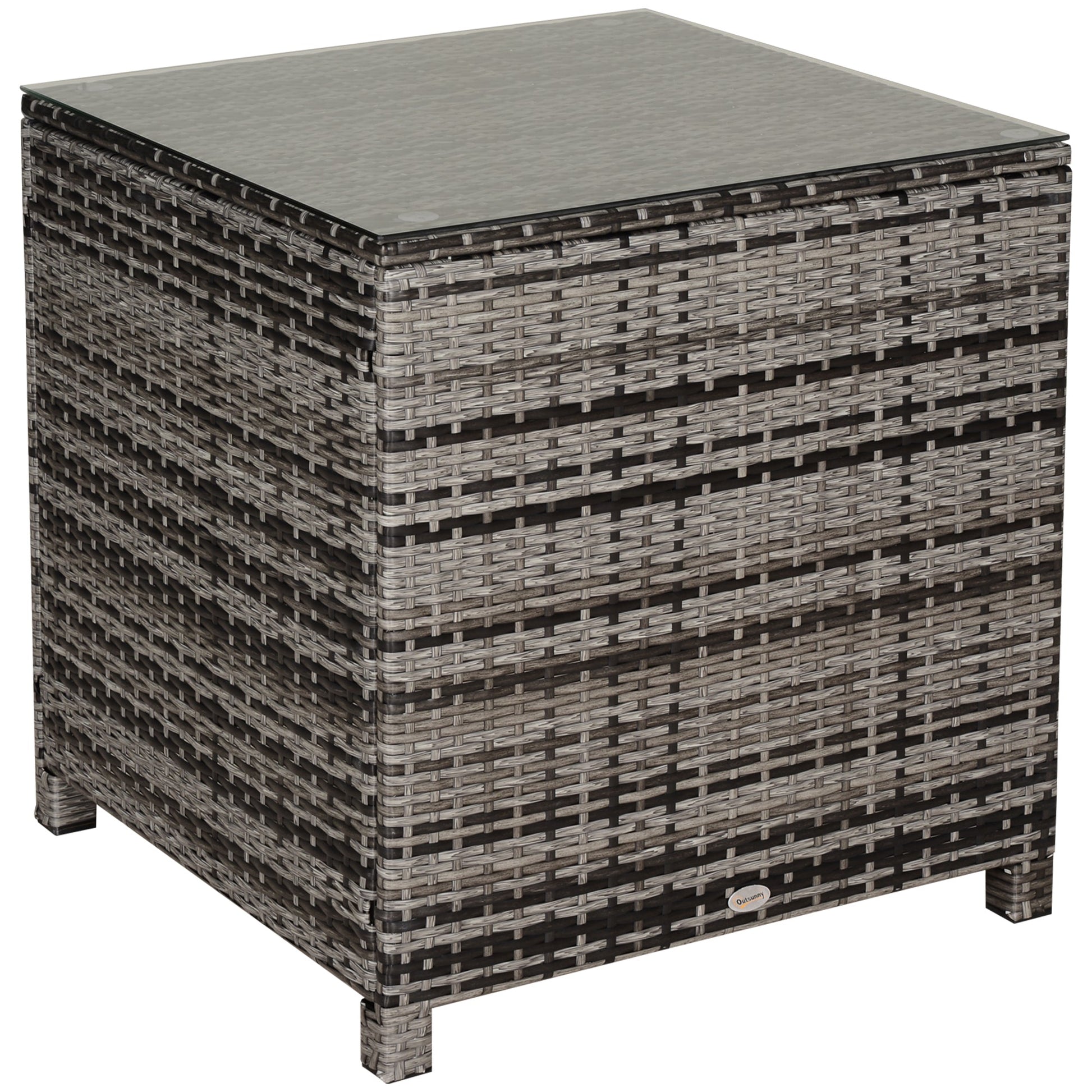 Patio PE Rattan Side Table, Square Outdoor Coffee Table w/ Tempered Glass Top, Mixed Grey