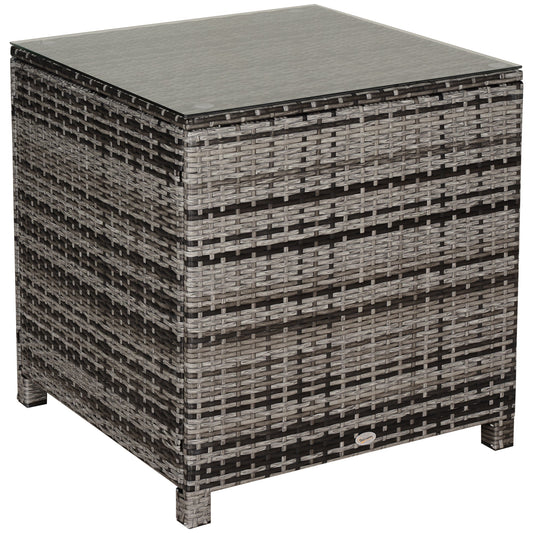 Patio PE Rattan Side Table, Square Outdoor Coffee Table w/ Tempered Glass Top, Mixed Grey