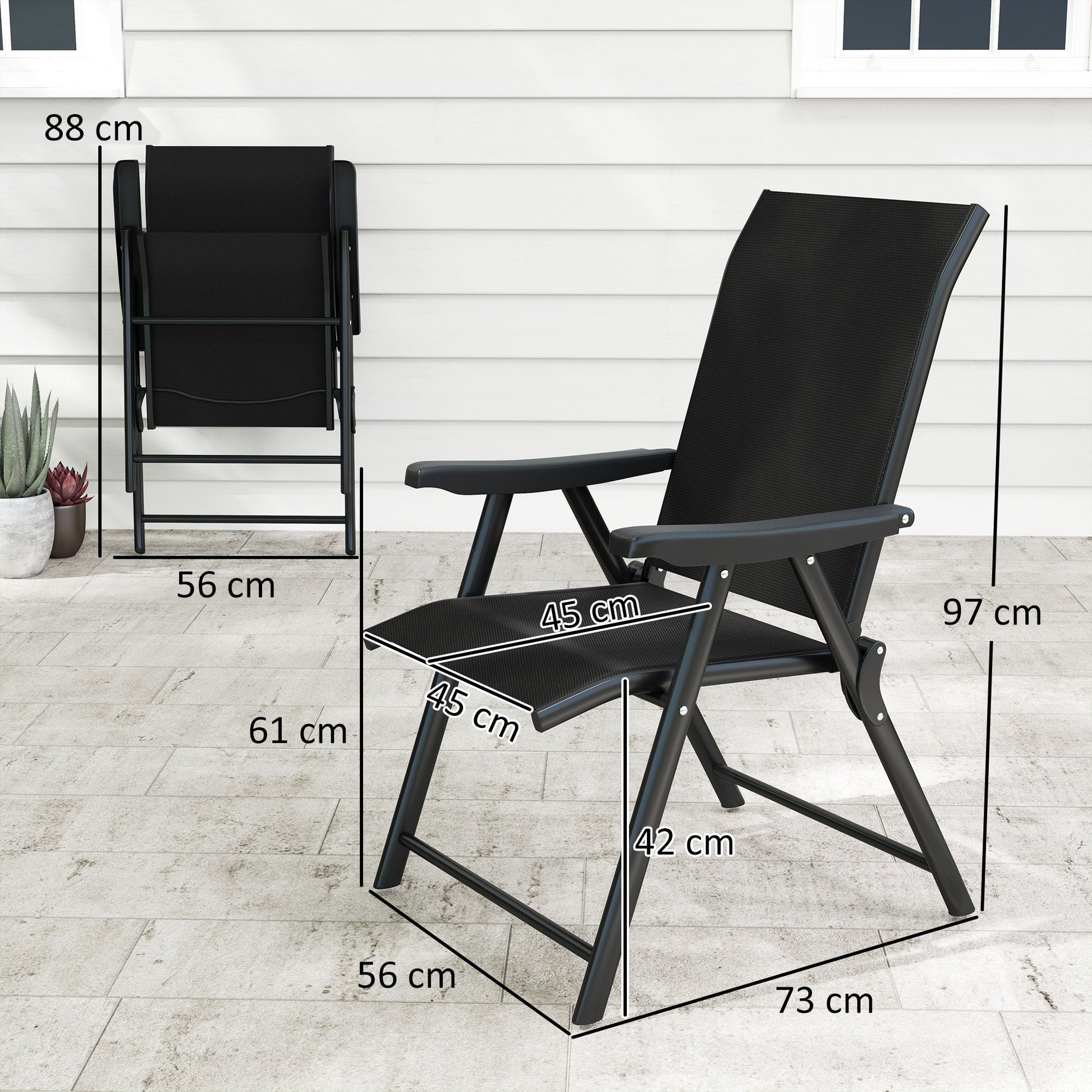 Set of 2 Folding Chair, Garden Chair Set with Breathable Mesh Back and Seat, Outdoor Camping Chairs with Armrests, Steel Frame for Deck Balcony, Black