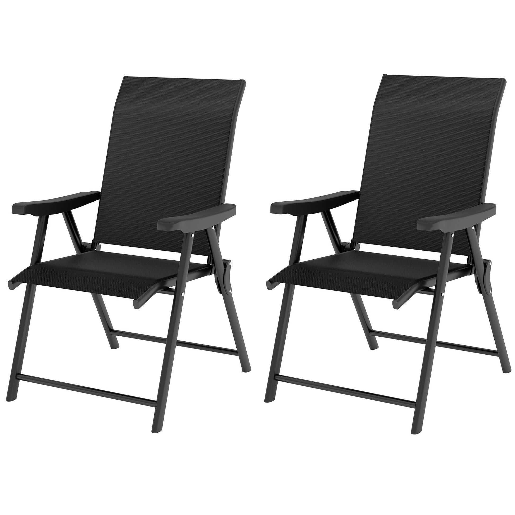 Set of 2 Folding Chair, Garden Chair Set with Breathable Mesh Back and Seat, Outdoor Camping Chairs with Armrests, Steel Frame for Deck Balcony, Black