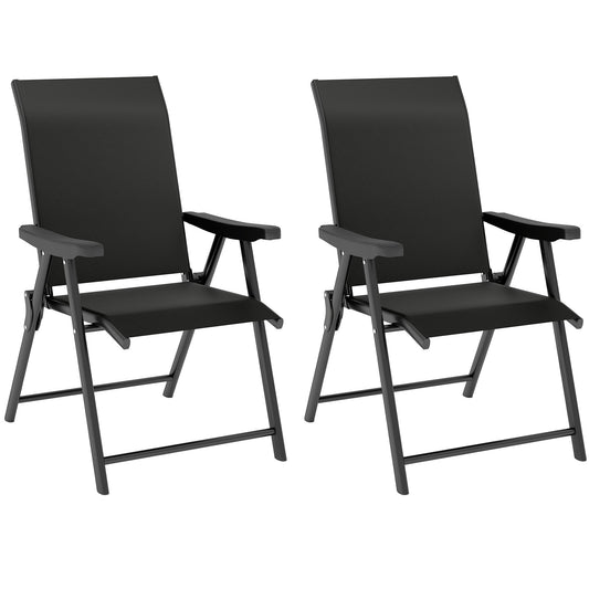 Set of 2 Folding Chair, Garden Chair Set with Breathable Mesh Back and Seat, Outdoor Camping Chairs with Armrests, Steel Frame for Deck Balcony, Black
