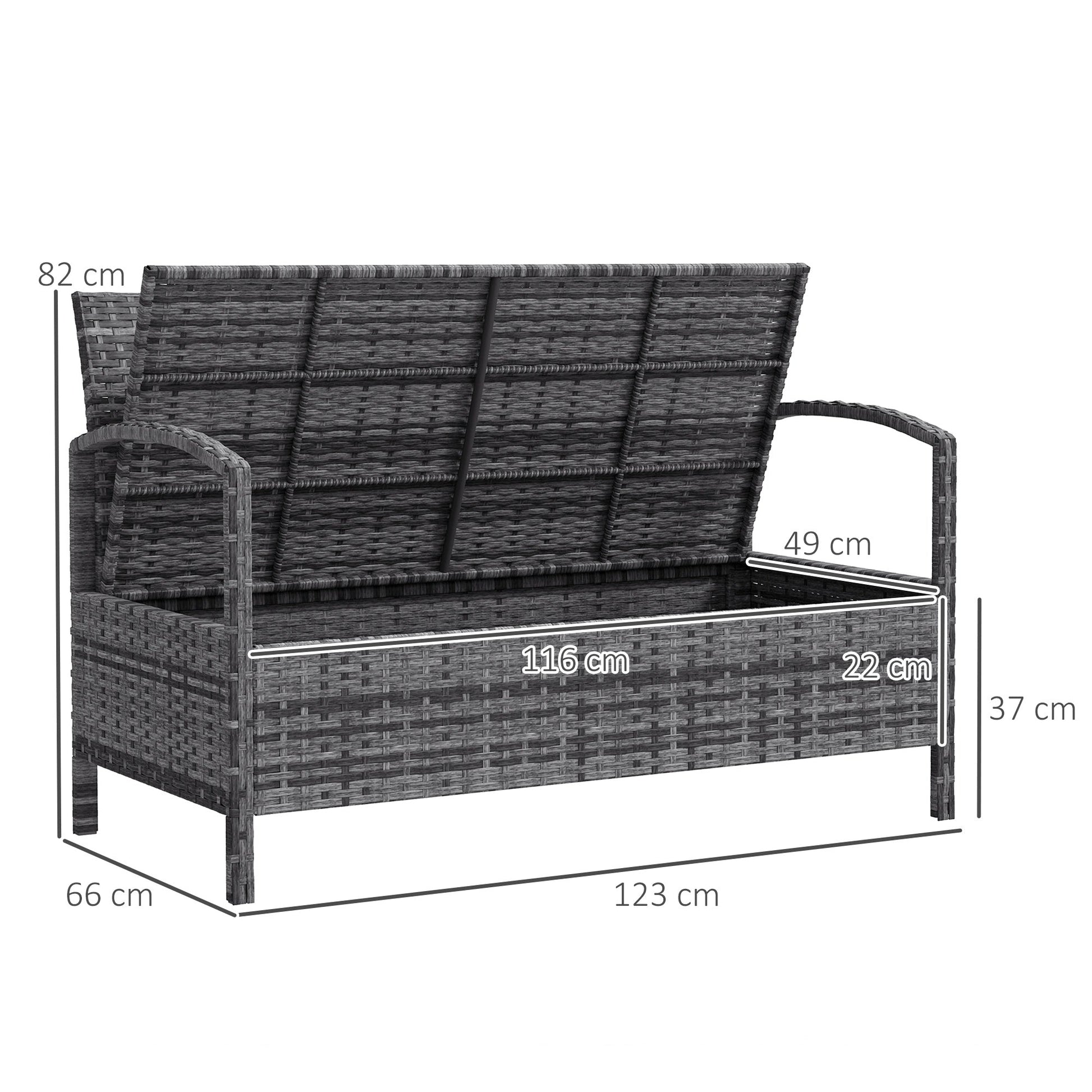 Garden Storage Bench with 125L Capacity, 2 Seater PE Rattan Garden Bench with Storage, Cushion, Wicker Outdoor Bench Loveseat with Steel Frame for Patio, Grey
