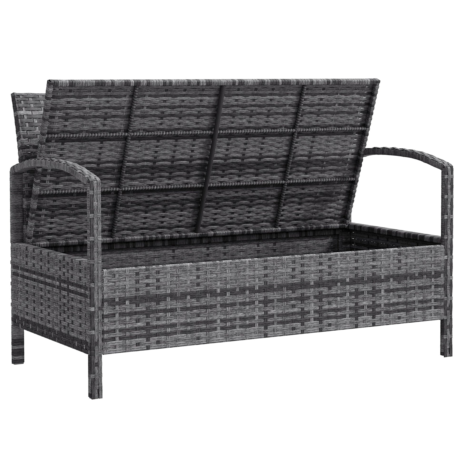 Garden Storage Bench with 125L Capacity, 2 Seater PE Rattan Garden Bench with Storage, Cushion, Wicker Outdoor Bench Loveseat with Steel Frame for Patio, Grey
