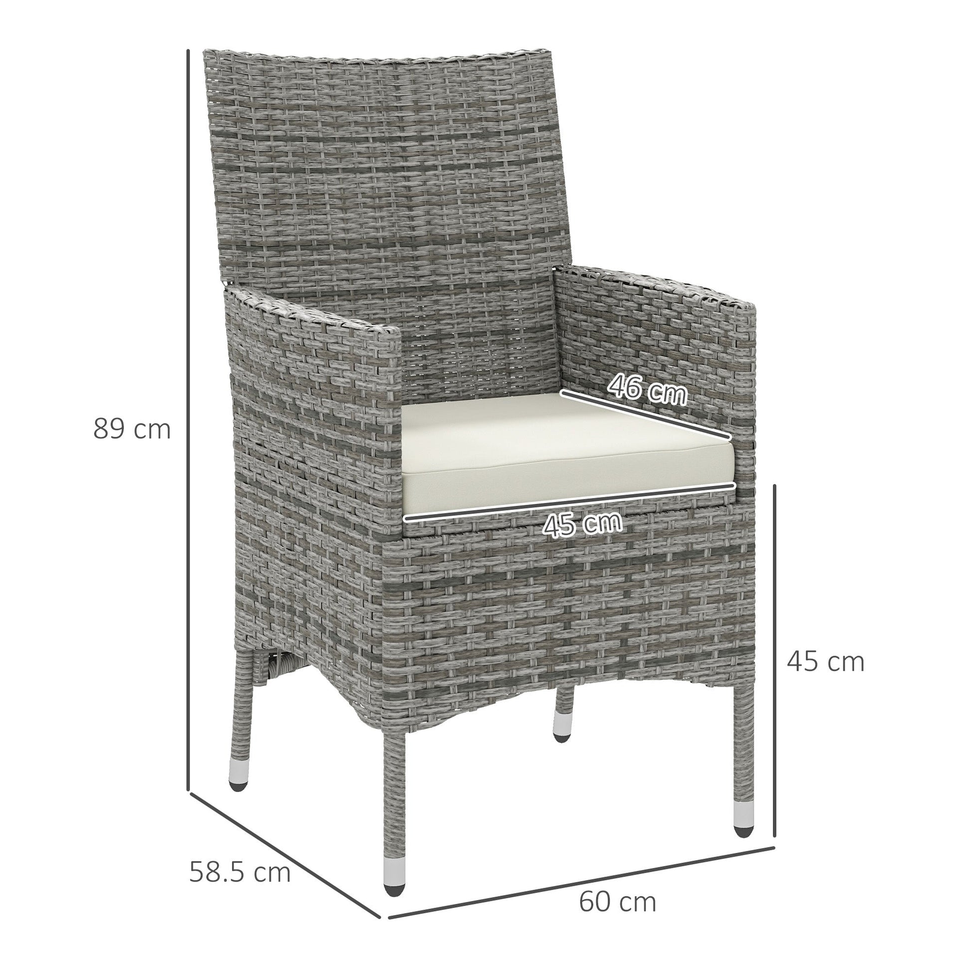 2 Pieces Outdoor PE Rattan Dining Chairs Set with Cushion, Garden Armchair with Armrests, High Backrest, Metal Frame Patio Wicker Furniture, Mixed Grey