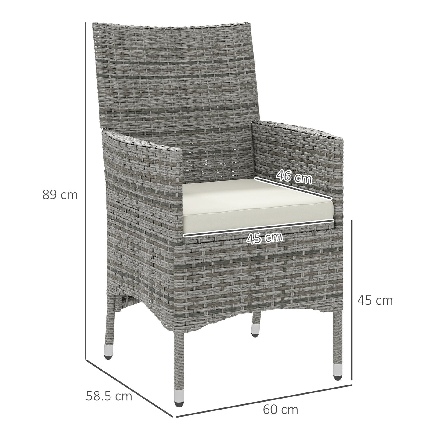 2 Pieces Outdoor PE Rattan Dining Chairs Set with Cushion, Garden Armchair with Armrests, High Backrest, Metal Frame Patio Wicker Furniture, Mixed Grey
