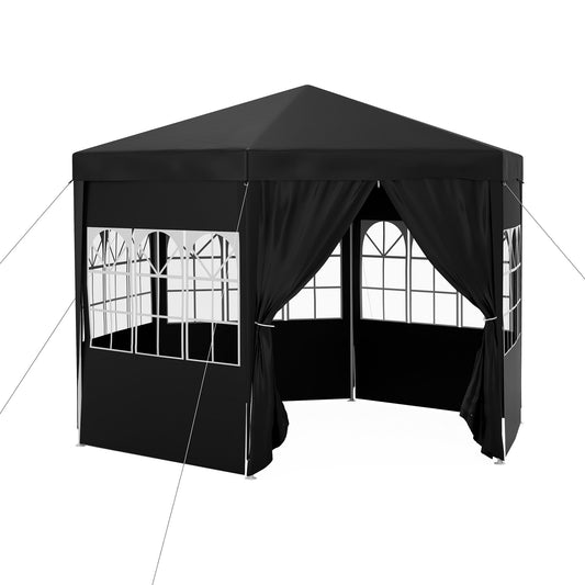 4m Hexagonal Gazebo Canopy Party Tent with 6 Removable Side Walls for Outdoor Event with Windows and Doors, Black