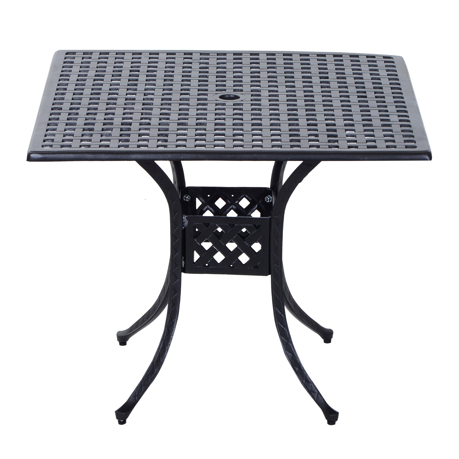 90 x 90cm Square Garden Dining Table with 46.5mm Dia. Umbrella Hole, Cast Aluminium Outdoor Dining Table, Grid Motif Outdoor Table for Garden, Patio, Porch, Black