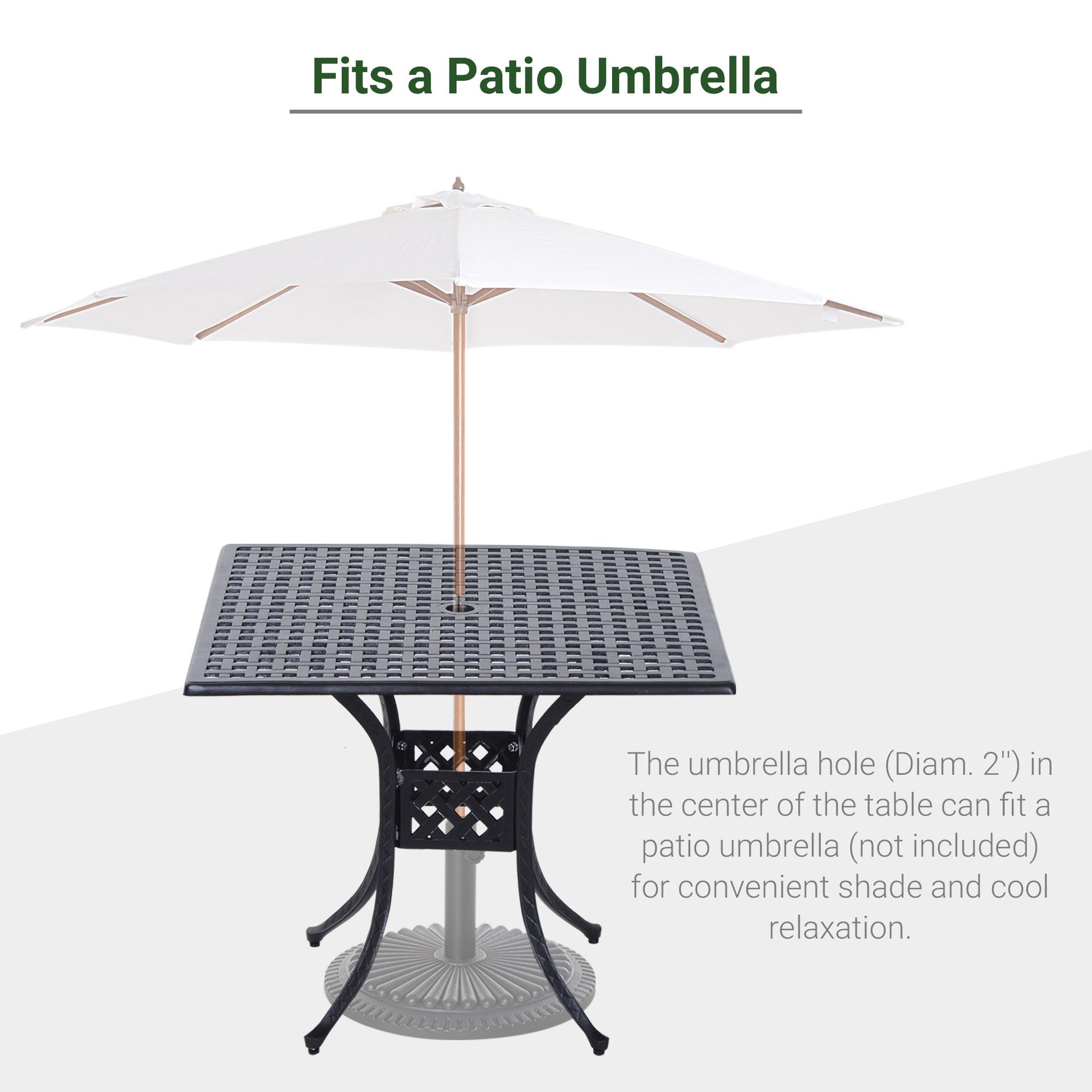 90 x 90cm Square Garden Dining Table with 46.5mm Dia. Umbrella Hole, Cast Aluminium Outdoor Dining Table, Grid Motif Outdoor Table for Garden, Patio, Porch, Black