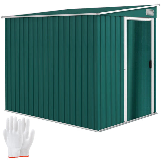 7 x 5FT Galvanised Metal Garden Shed with Foundation, Lean to Shed, Tool Storage House with Sliding Doors, 2 Vents, Adjustable Shelves and Hooks, Green