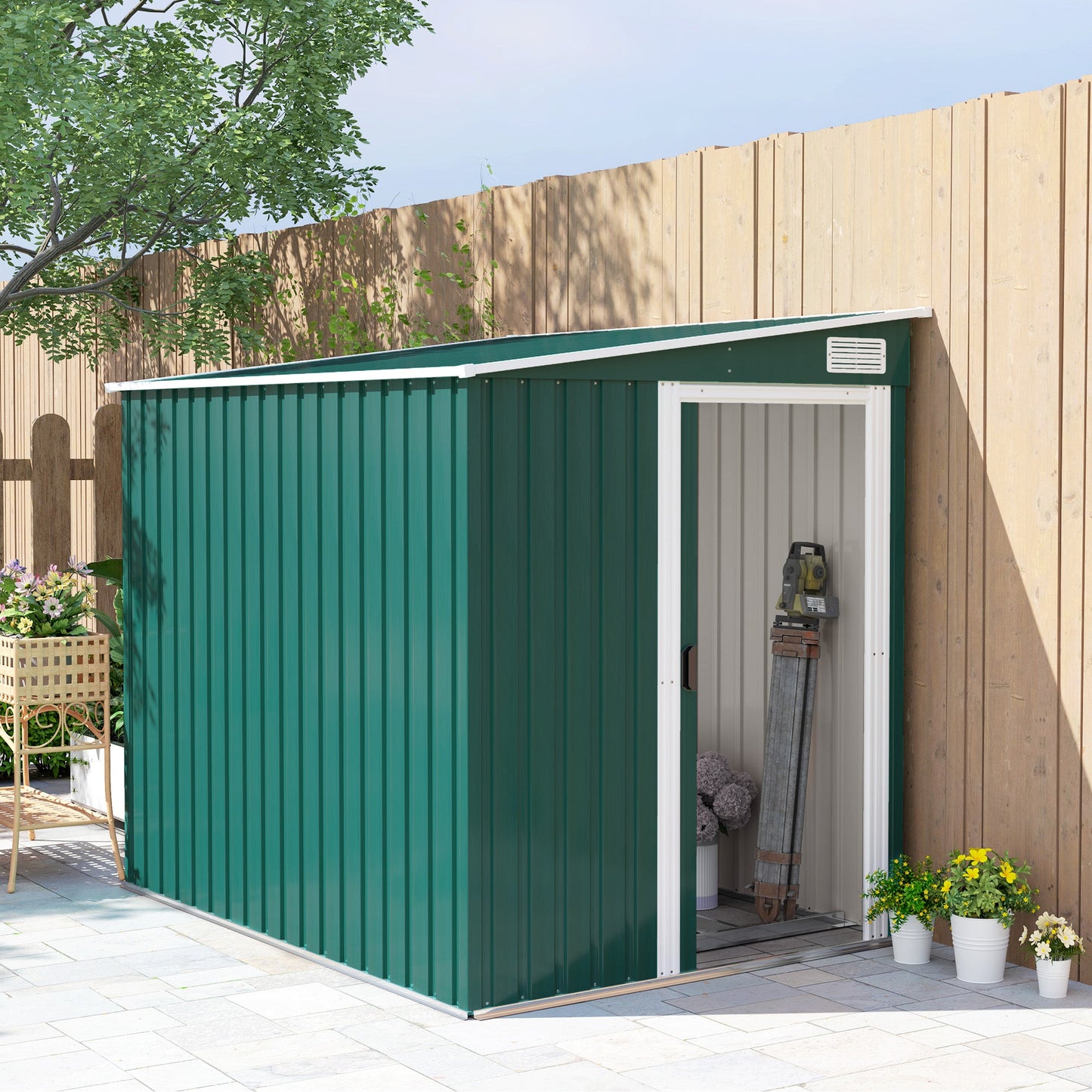 7 x 5FT Galvanised Metal Garden Shed with Foundation, Lean to Shed, Tool Storage House with Sliding Doors, 2 Vents, Adjustable Shelves and Hooks, Green
