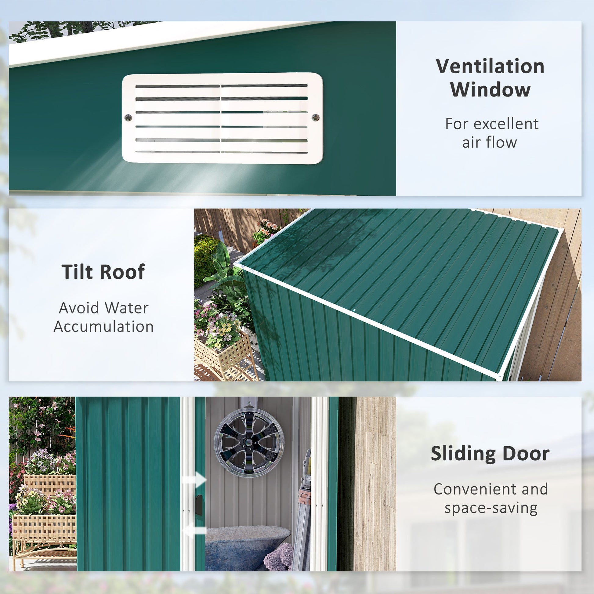 7 x 5FT Galvanised Metal Garden Shed with Foundation, Lean to Shed, Tool Storage House with Sliding Doors, 2 Vents, Adjustable Shelves and Hooks, Green