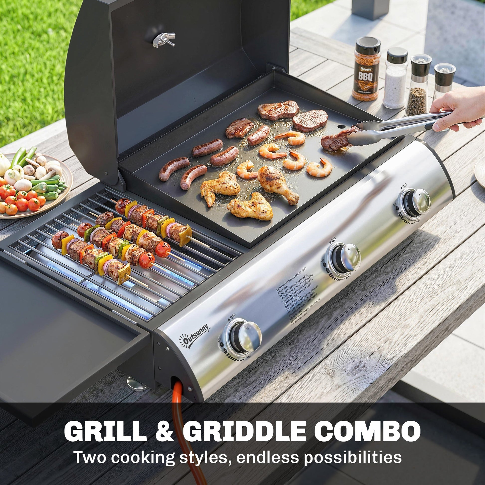 3 Burner Portable Gas Plancha BBQ Grill, 8.1 kW Outdoor Tabletop Gas Barbecue Grill with Griddle, Convertible Side Shelf, Built-in Thermometer, Lid, Adjustable Foot Pads for Camping, Black