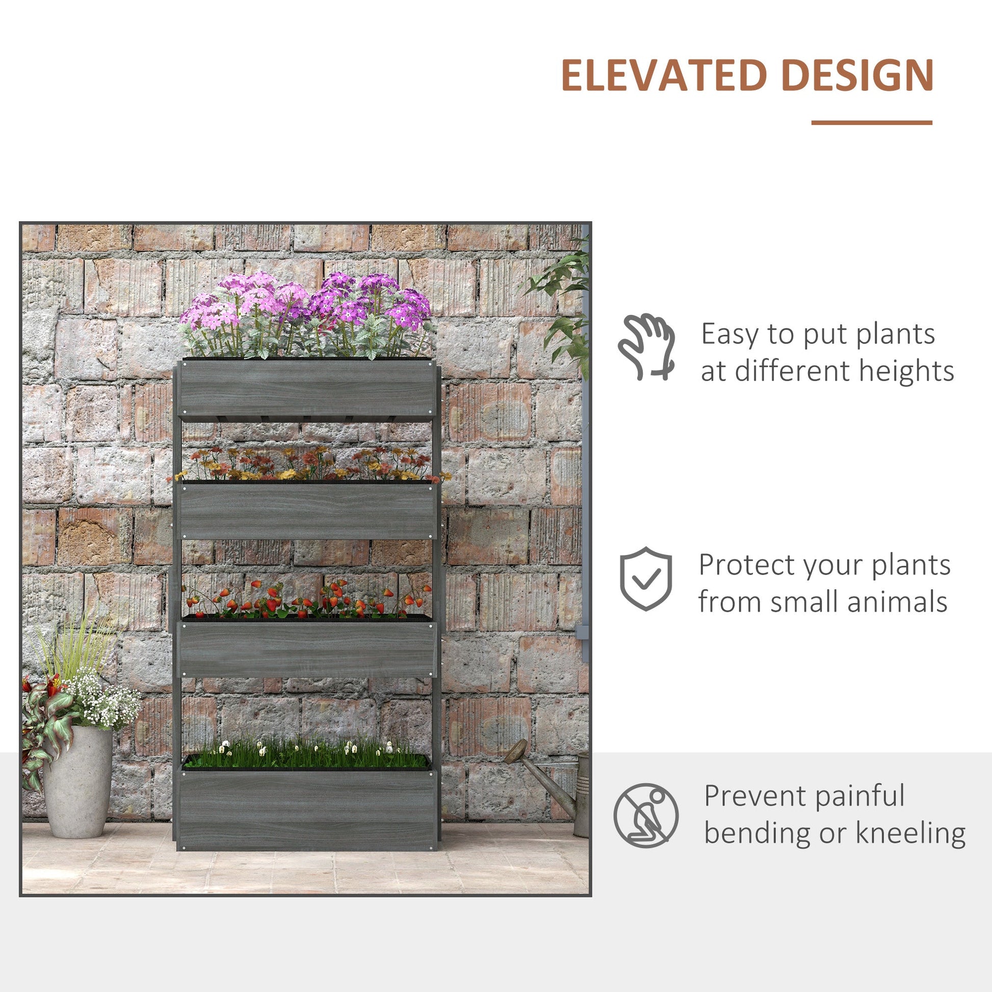80cm x 45cm x 142cm 4-Tier Raised Garden Bed, Fir Wood Vertical Planter Box, Freestanding Elevated Plant Stand for Indoor Outdoor Use, Grey