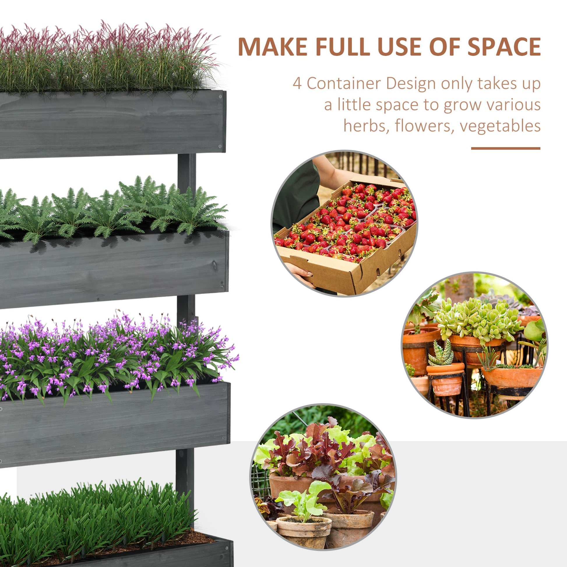 80cm x 45cm x 142cm 4-Tier Raised Garden Bed, Fir Wood Vertical Planter Box, Freestanding Elevated Plant Stand for Indoor Outdoor Use, Grey