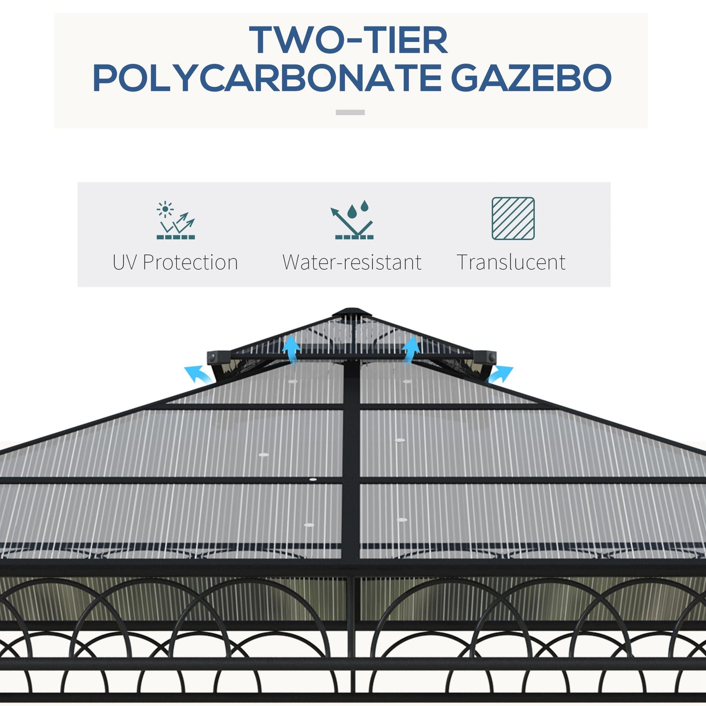3 x 3 (m) Outdoor Polycarbonate Gazebo, Double Roof Hard Top Gazebo with Galvanised Steel Frame, Nettings & Curtains for Garden, Lawn, Patio and Deck, Khaki
