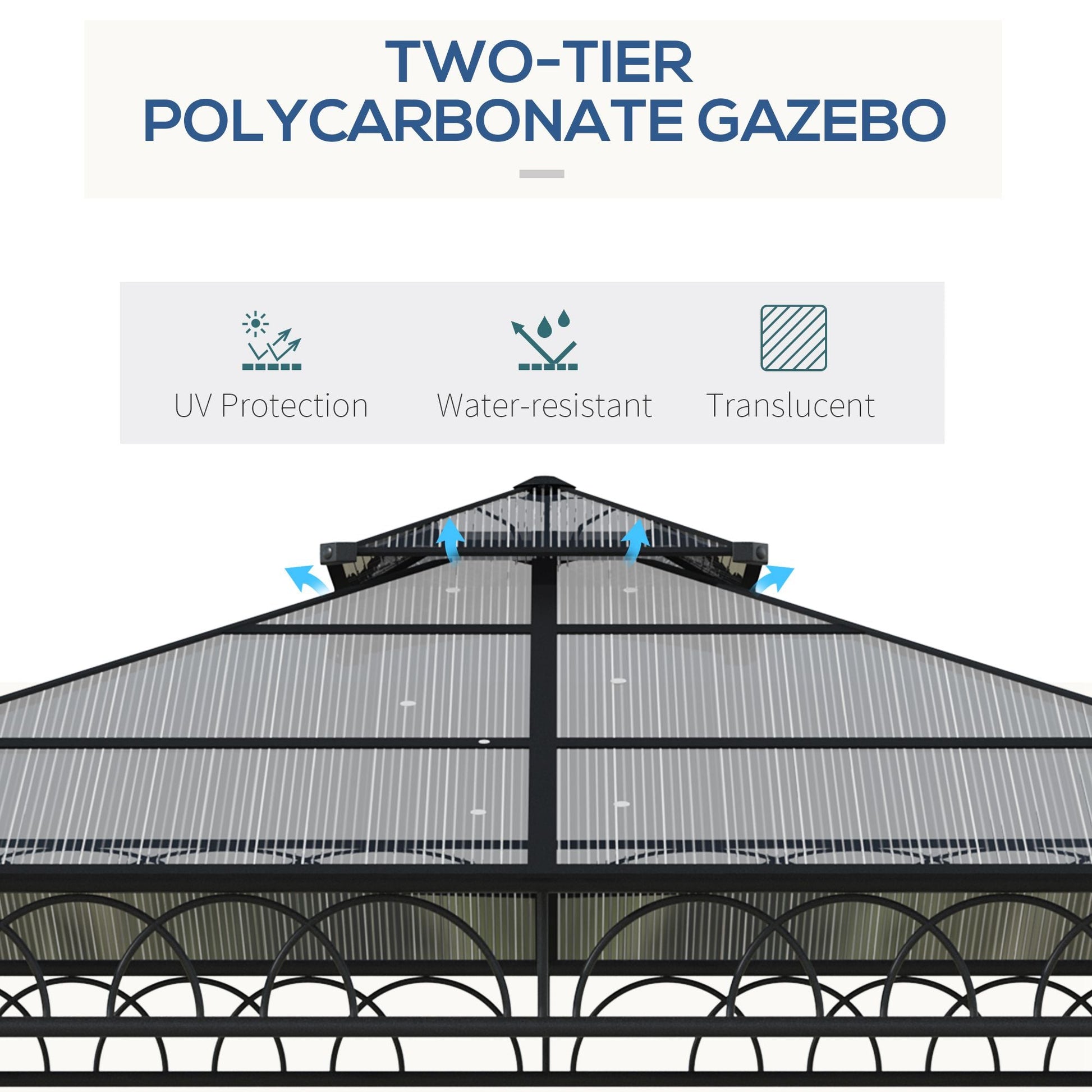 3 x 3 (m) Outdoor Polycarbonate Gazebo, Double Roof Hard Top Gazebo with Galvanised Steel Frame, Nettings & Curtains for Garden, Lawn, Patio and Deck, Khaki