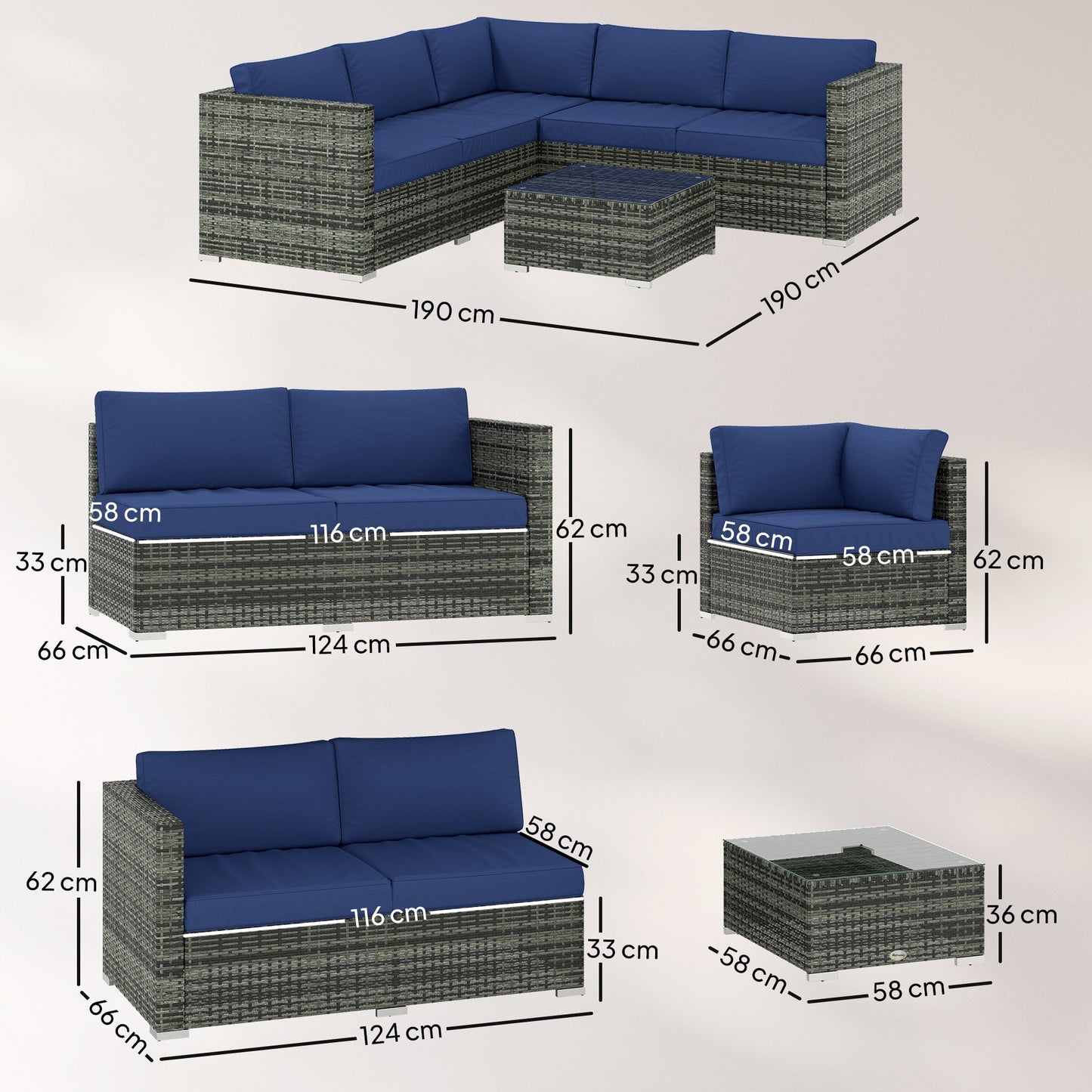 4 Pieces Rattan Garden Furniture Set, Wicker Outdoor Furniture Set with Corner Sofa Loveseat Coffee Table Cushions, Conservatory Furniture Set for Patio Balcony, Blue