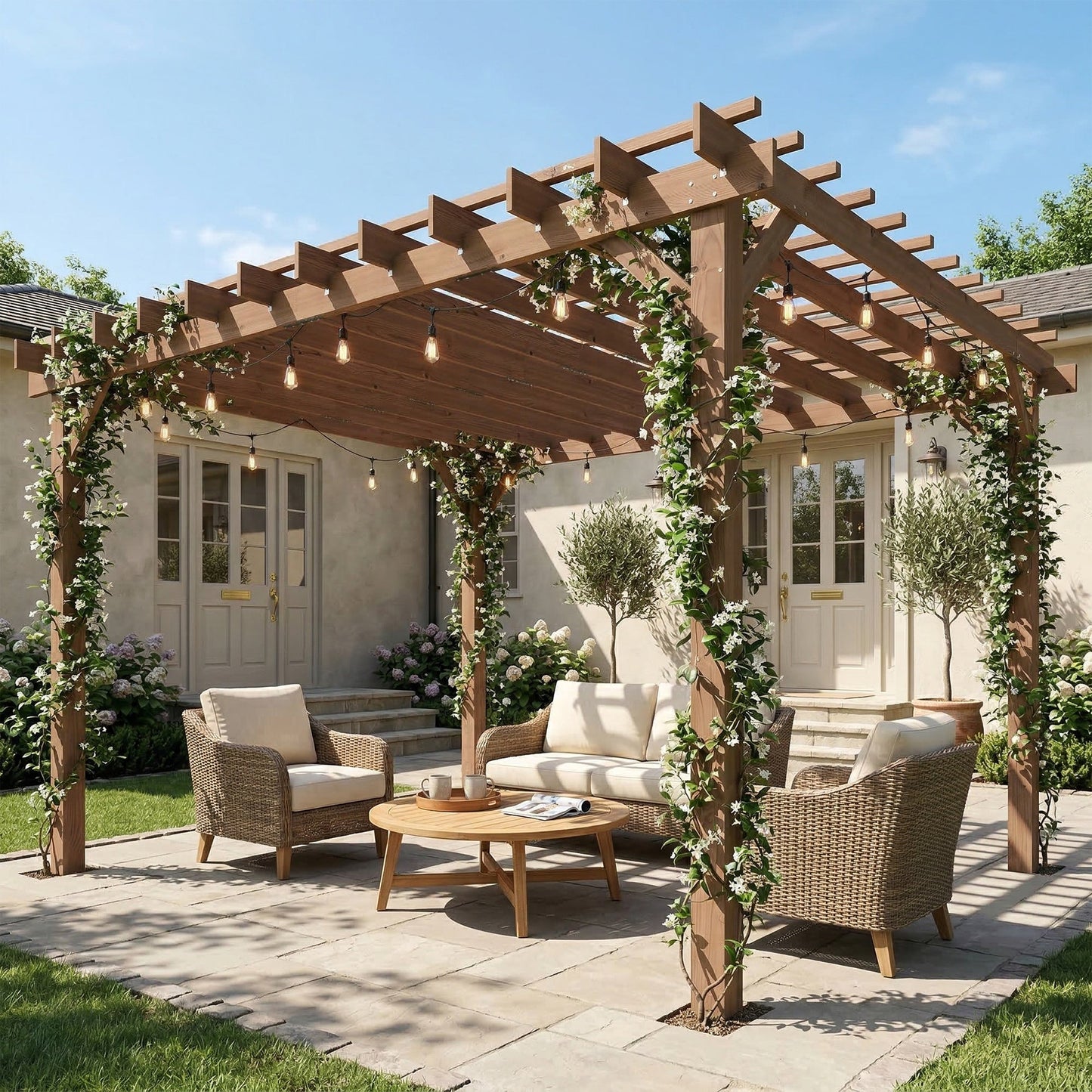 3.6 x 3 m Wooden Pergola Kit, Garden Pergola Gazebo Grape Trellis with Triangle Supports, Crossing Beams for Climbing Vines, Flowers, Sun Shade Shelter for Grill, Patio, Maple Wood-effect
