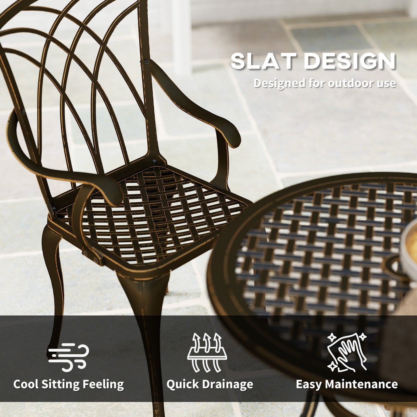 5 Pieces Garden Dining Set for 4, Cast Aluminium Outdoor Dining Set with 4 Armchairs and Round Dining Table with Parasol Hole, Garden Furniture Set, Bronze Tone