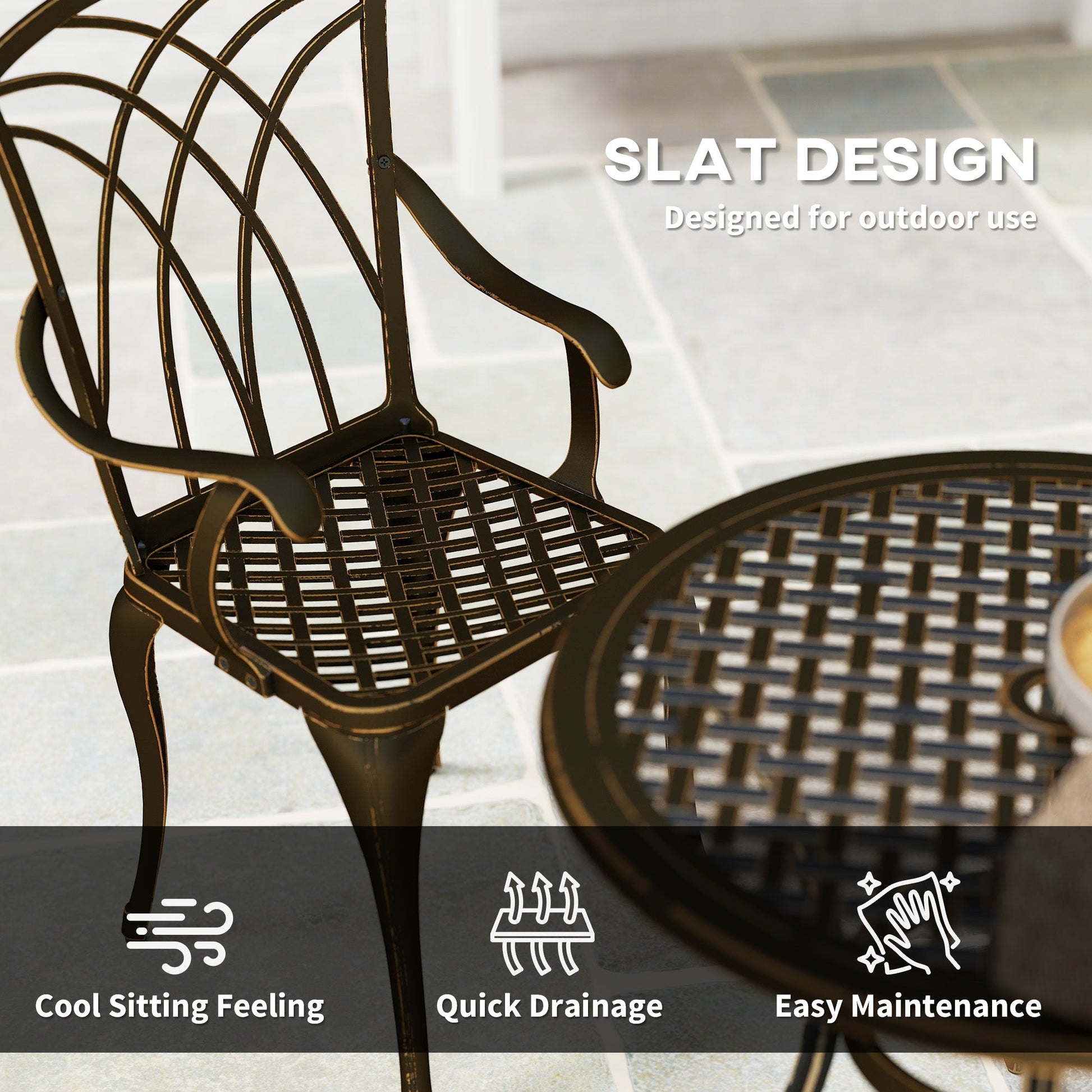 5 Pieces Garden Dining Set for 4, Cast Aluminium Outdoor Dining Set with 4 Armchairs and Round Dining Table with Parasol Hole, Garden Furniture Set, Bronze Tone