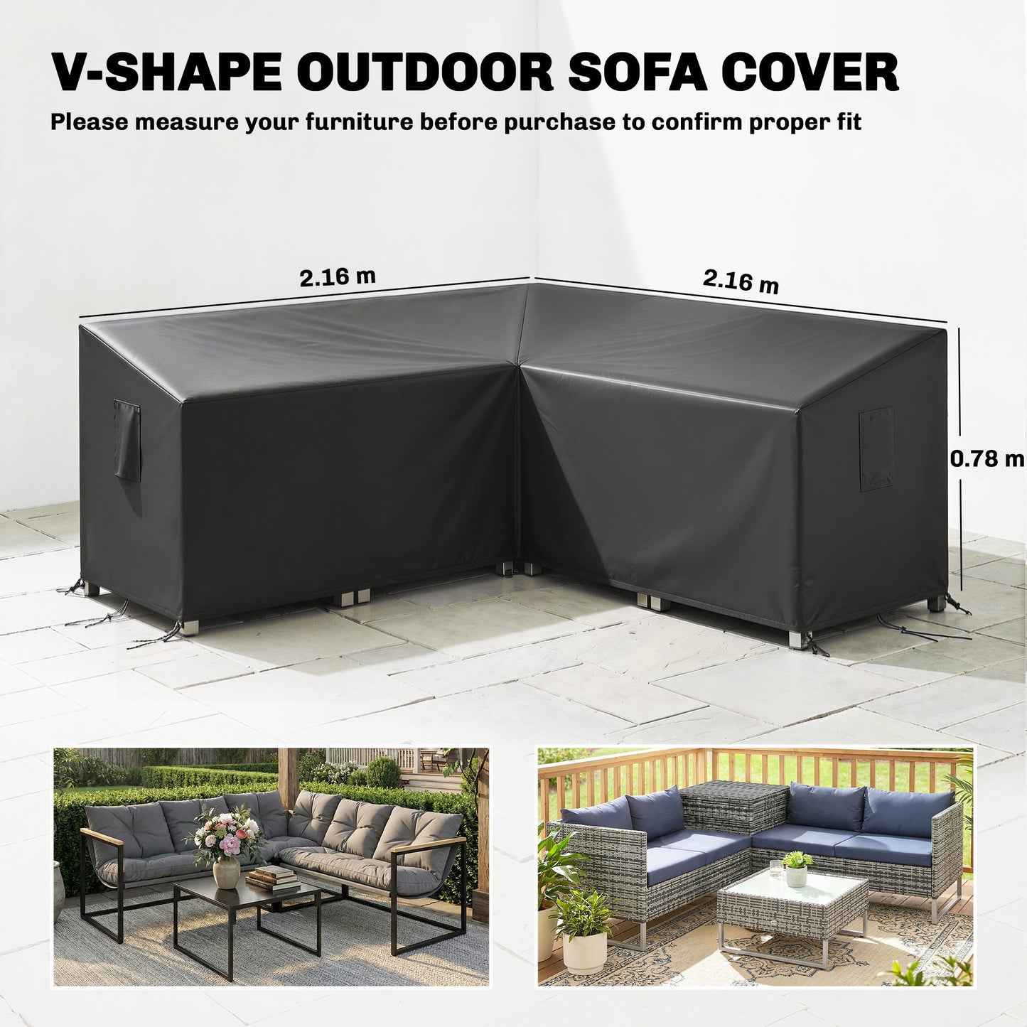 V-Shaped Garden Furniture Cover, Waterproof Outdoor rattan corner sofa cover with Air Vent, Heavy Duty 420D Oxford Fabric, Windproof, 216 x 216 cm, Black
