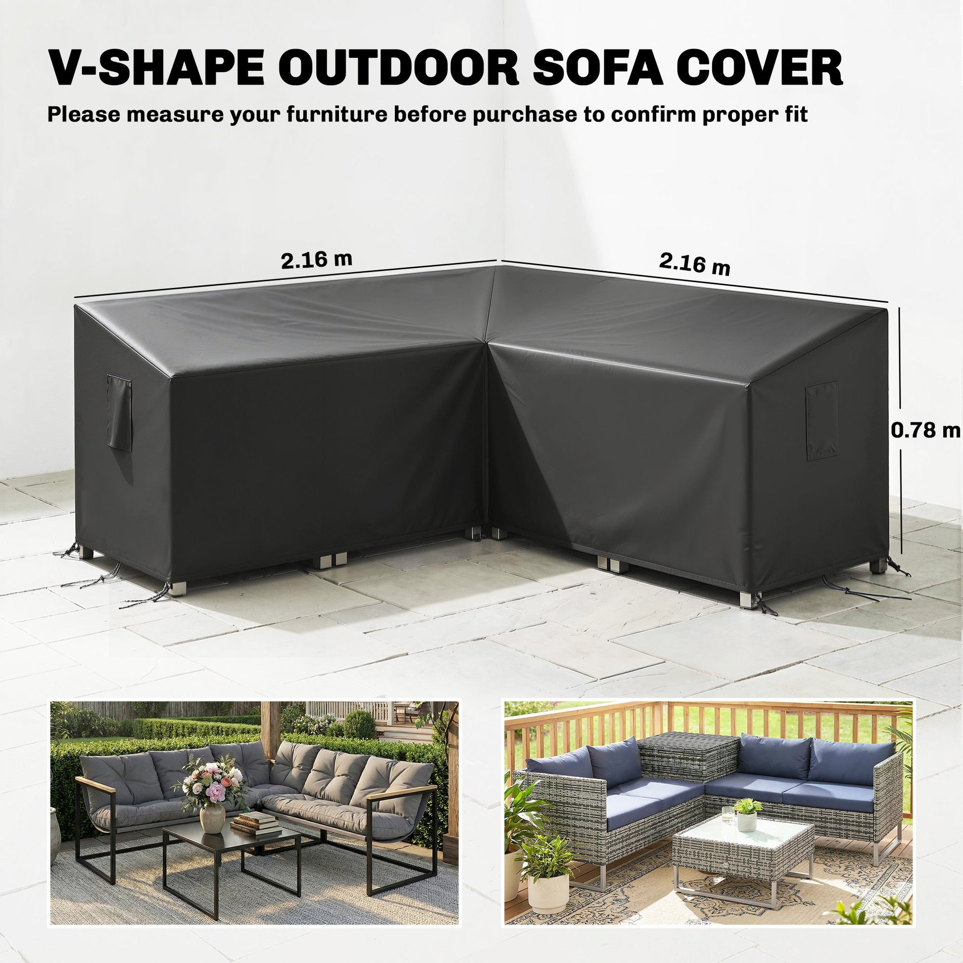 V-Shaped Garden Furniture Cover, Waterproof Outdoor rattan corner sofa cover with Air Vent, Heavy Duty 420D Oxford Fabric, Windproof, 216 x 216 cm, Black