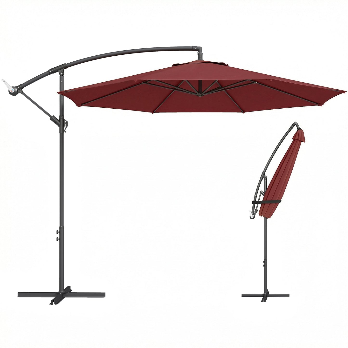 3(m) Garden Banana Parasol Hanging Cantilever Umbrella with Crank Handle, 8 Ribs and Cross Base for Outdoor, Sun Shade, Wine Red