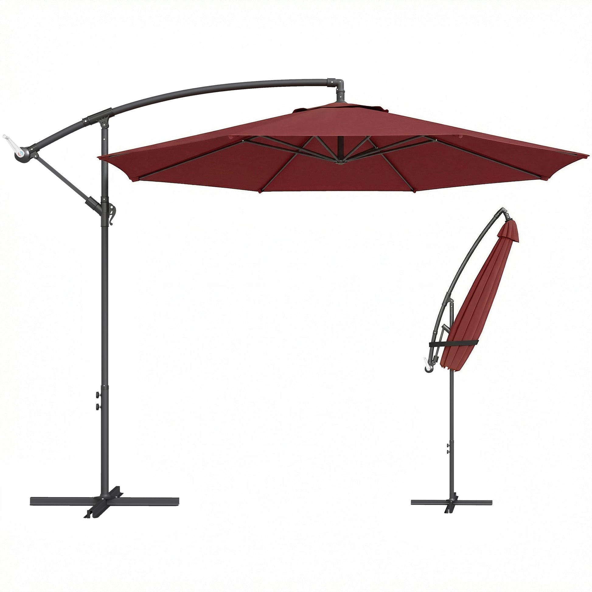 3(m) Garden Banana Parasol Hanging Cantilever Umbrella with Crank Handle, 8 Ribs and Cross Base for Outdoor, Sun Shade, Wine Red