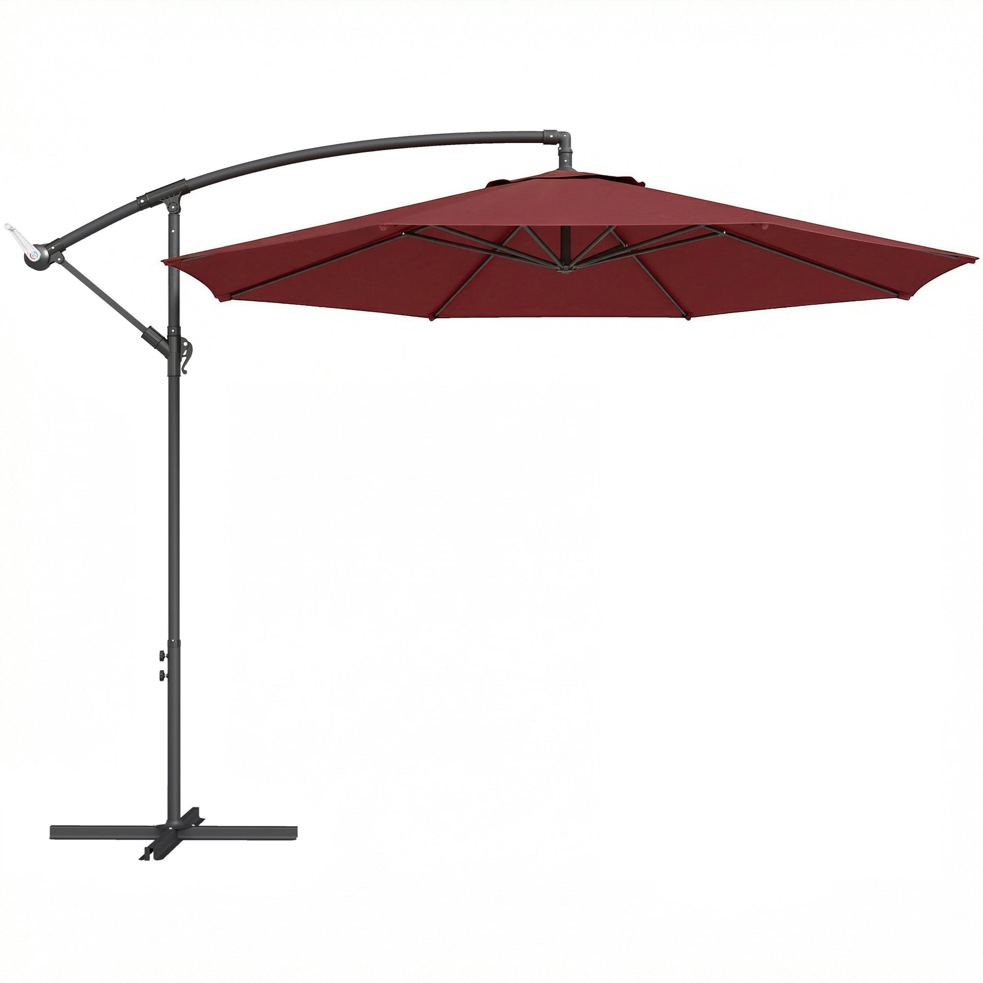 3(m) Garden Banana Parasol Hanging Cantilever Umbrella with Crank Handle, 8 Ribs and Cross Base for Outdoor, Sun Shade, Wine Red