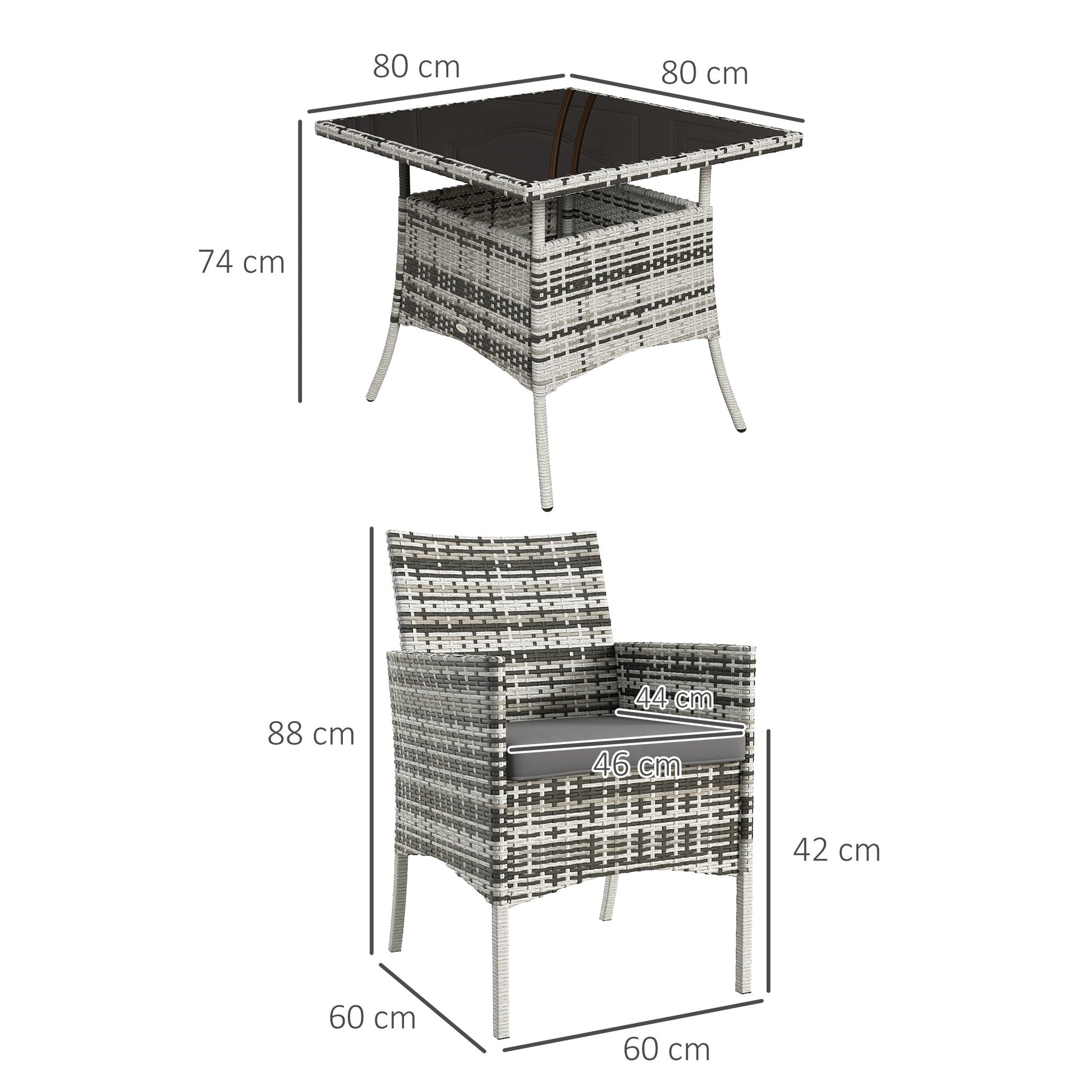 4 Seater Rattan Dining Set with Cushions, 5 Pieces Garden Dining Set with Glass Tabletop, PE Rattan Garden Furniture Set with Dining Table and Armchairs for Patio, Balcony, Mixed Grey