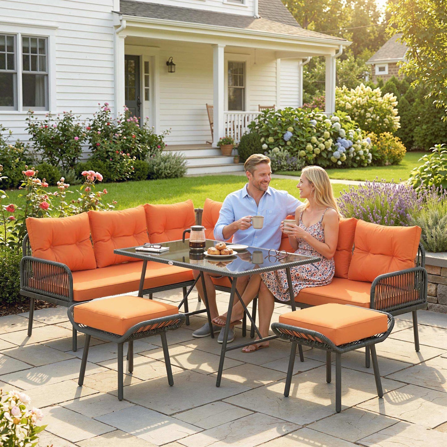 6 Piece Rattan Garden Furniture Set, 8 Seater Garden Corner Sofa with Cushions and Glass Top Table, Sectional Outdoor Furniture Conservatory Set for Patio, Orange
