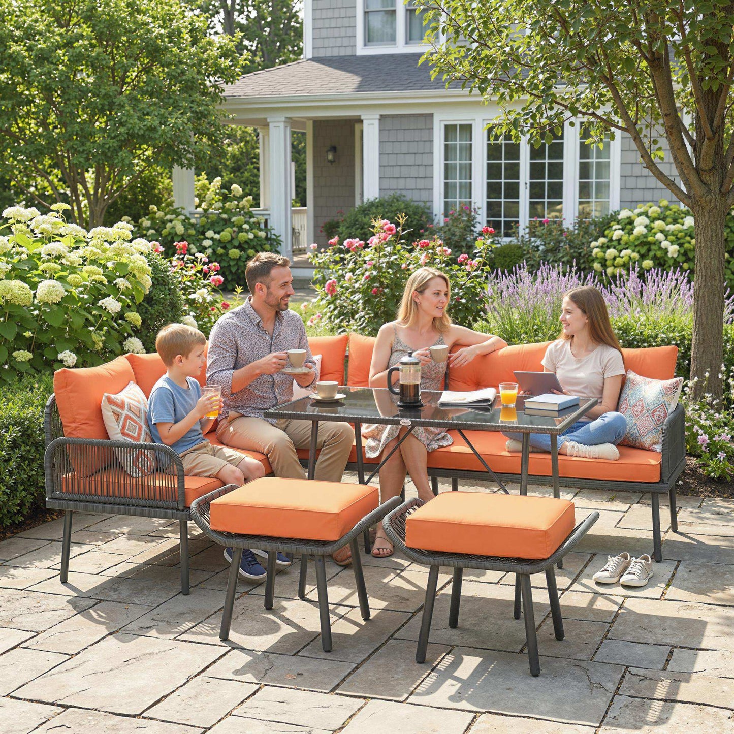 6 Piece Rattan Garden Furniture Set, 8 Seater Garden Corner Sofa with Cushions and Glass Top Table, Sectional Outdoor Furniture Conservatory Set for Patio, Orange