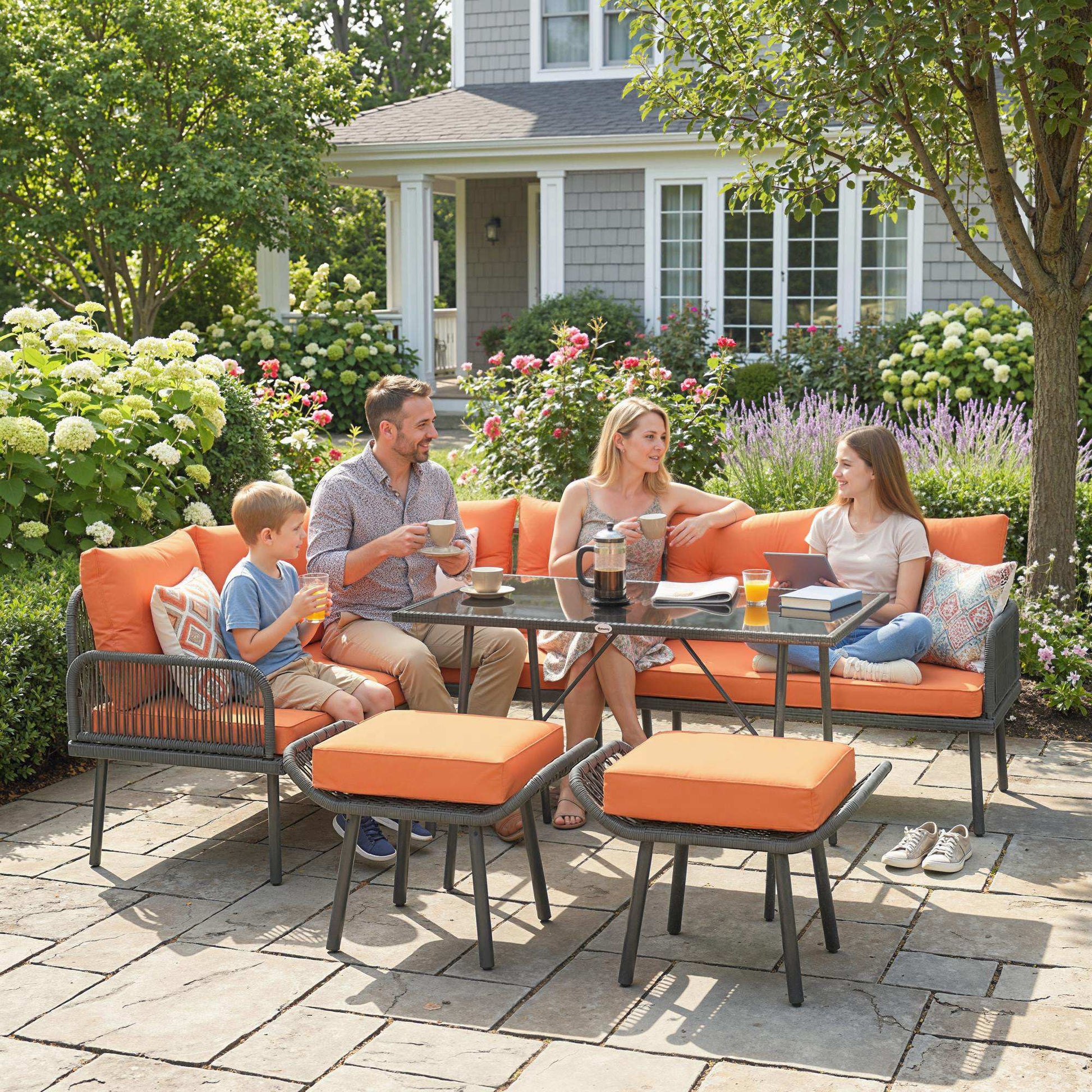6 Piece Rattan Garden Furniture Set, 8 Seater Garden Corner Sofa with Cushions and Glass Top Table, Sectional Outdoor Furniture Conservatory Set for Patio, Orange
