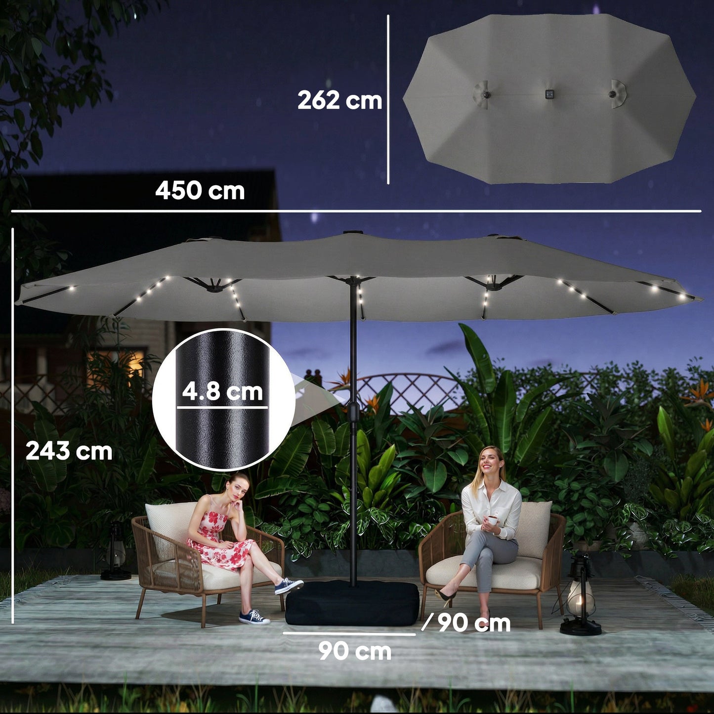 4.5m Garden Parasol Double Sided Umbrella with Base and Sandbags, 60 Solar Powered LED Lights, Patio Umbrella with Crank Handle, Ribs, Water Repellent, Grey