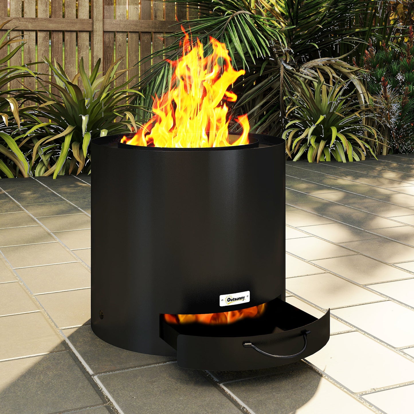 Outdoor Round Smokeless Fire Pit with Ash Tray, Wood Burning Firepit with Fire Poker for Patio Bonfire BBQ Camping, Black