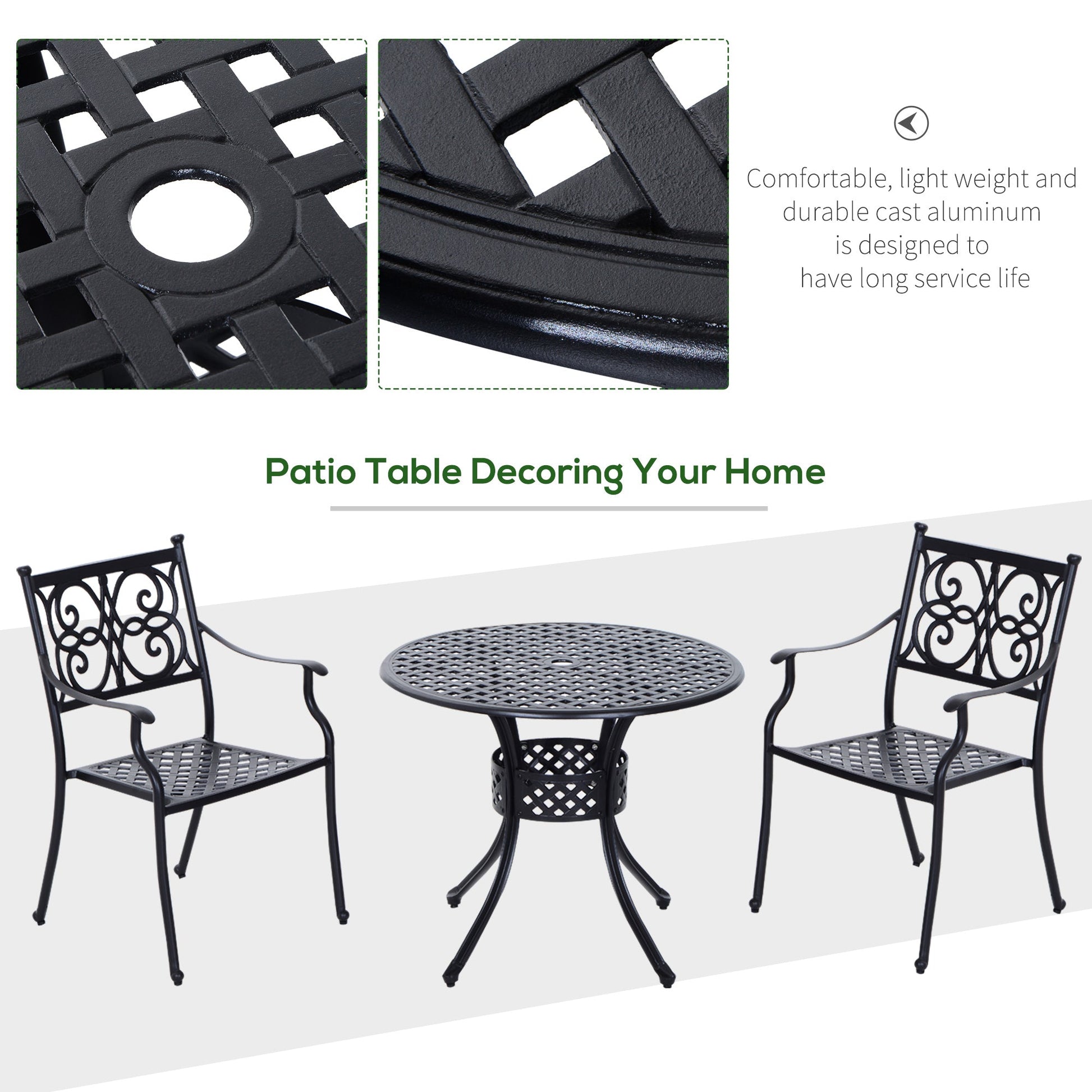 85cm Round Garden Dining Table with 46.5mm Dia. Umbrella Hole, Cast Aluminium Outdoor Dining Table, Grid Motif Outdoor Table for Garden, Patio, Porch, Black