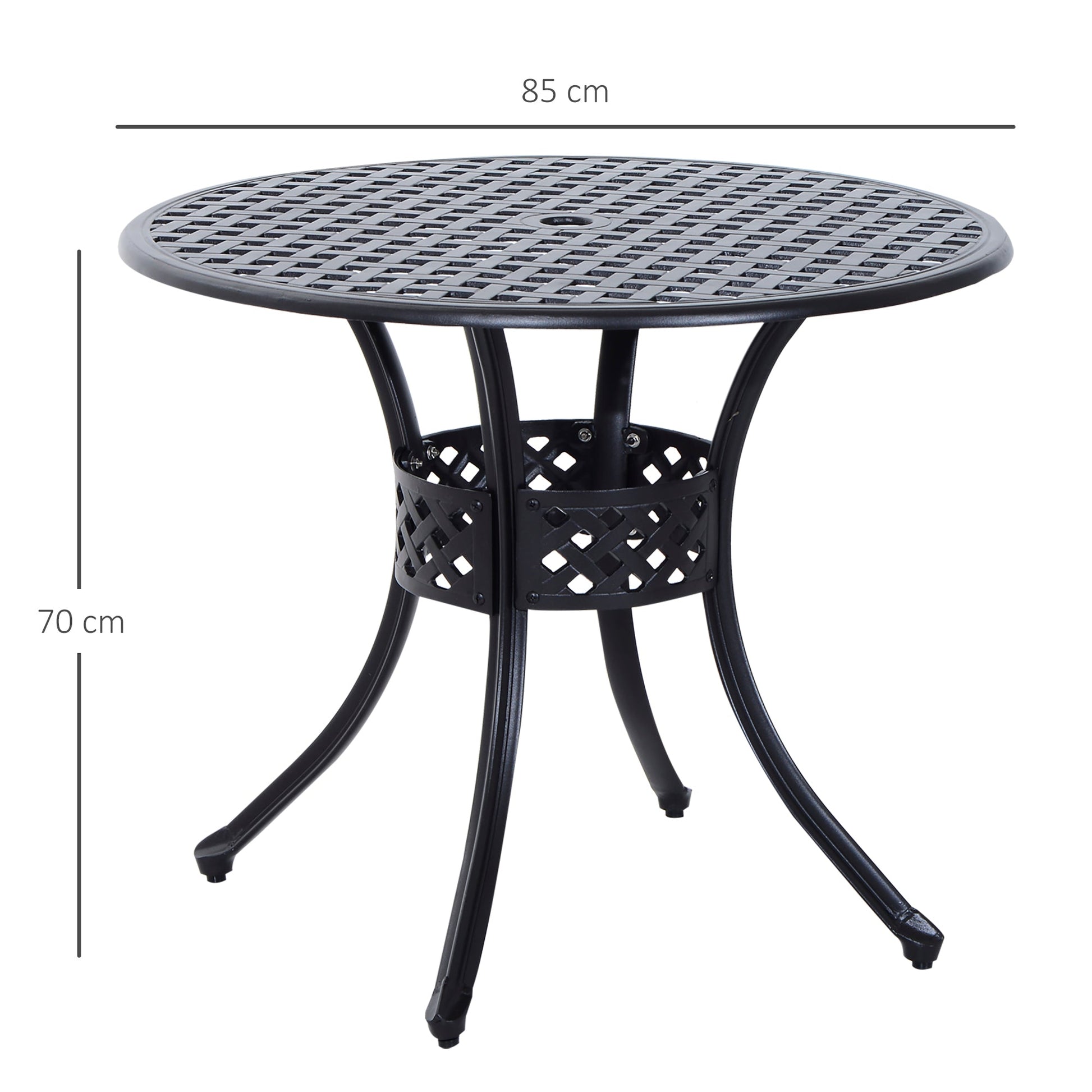 85cm Round Garden Dining Table with 46.5mm Dia. Umbrella Hole, Cast Aluminium Outdoor Dining Table, Grid Motif Outdoor Table for Garden, Patio, Porch, Black