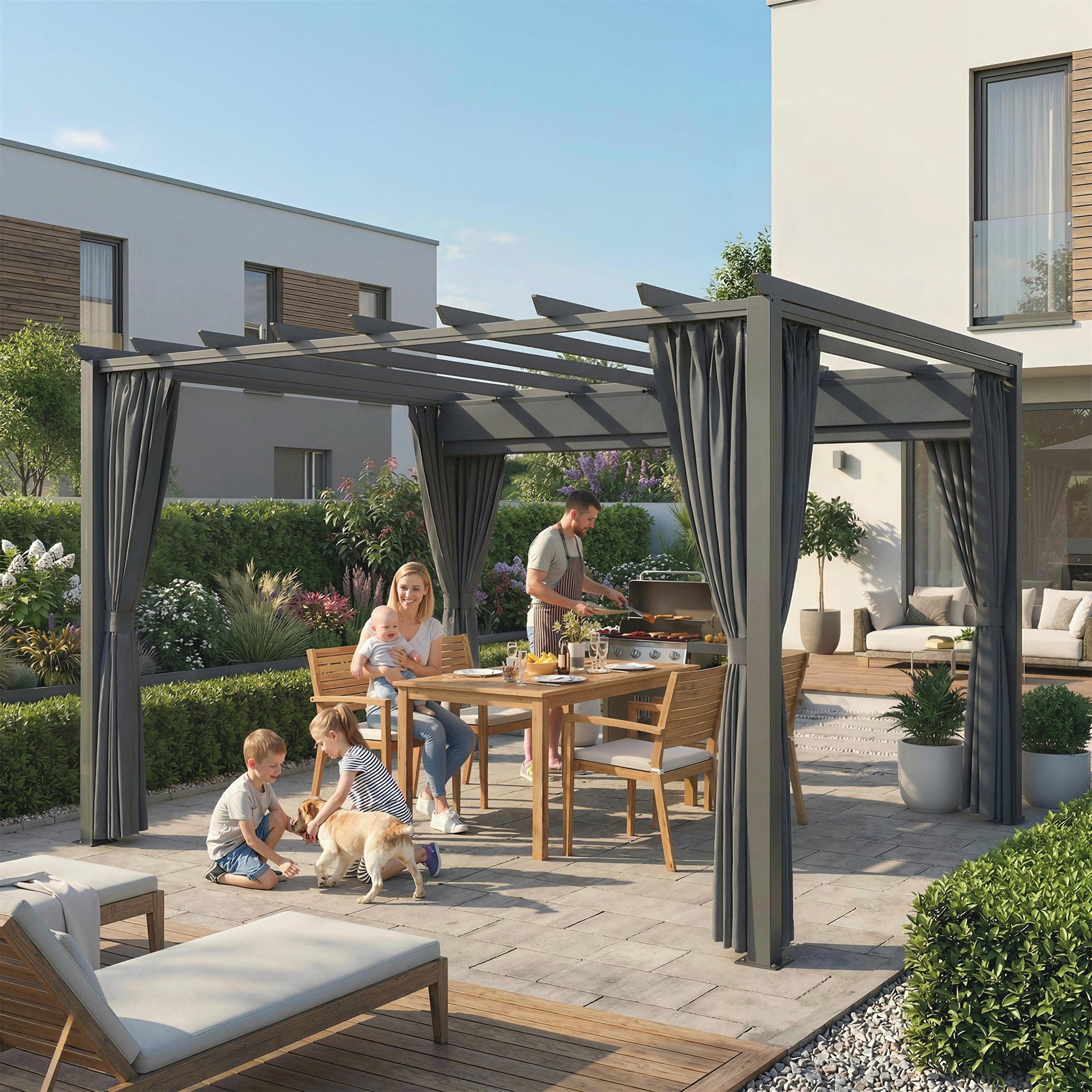 3.6 x 3 m Pergola with Retractable Roof Canopy and Curtains, Aluminium Frame Garden Pergola Gazebo Sun Shade Shelter for Grill, Patio, Deck, Dark Grey