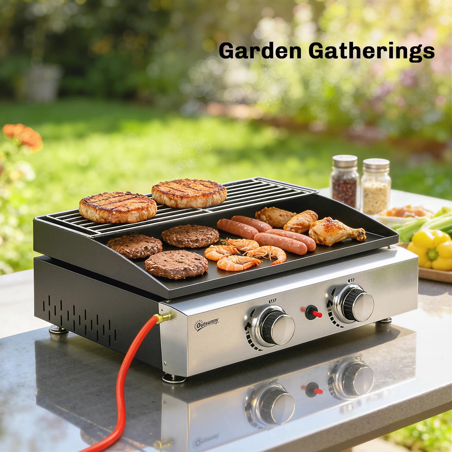 2 Burner Grill Griddle, Portable Gas Plancha with Warming Rack, 5 kW, Tabletop Gas BBQ with Grease Cup for Camping Picnic Patios, Black