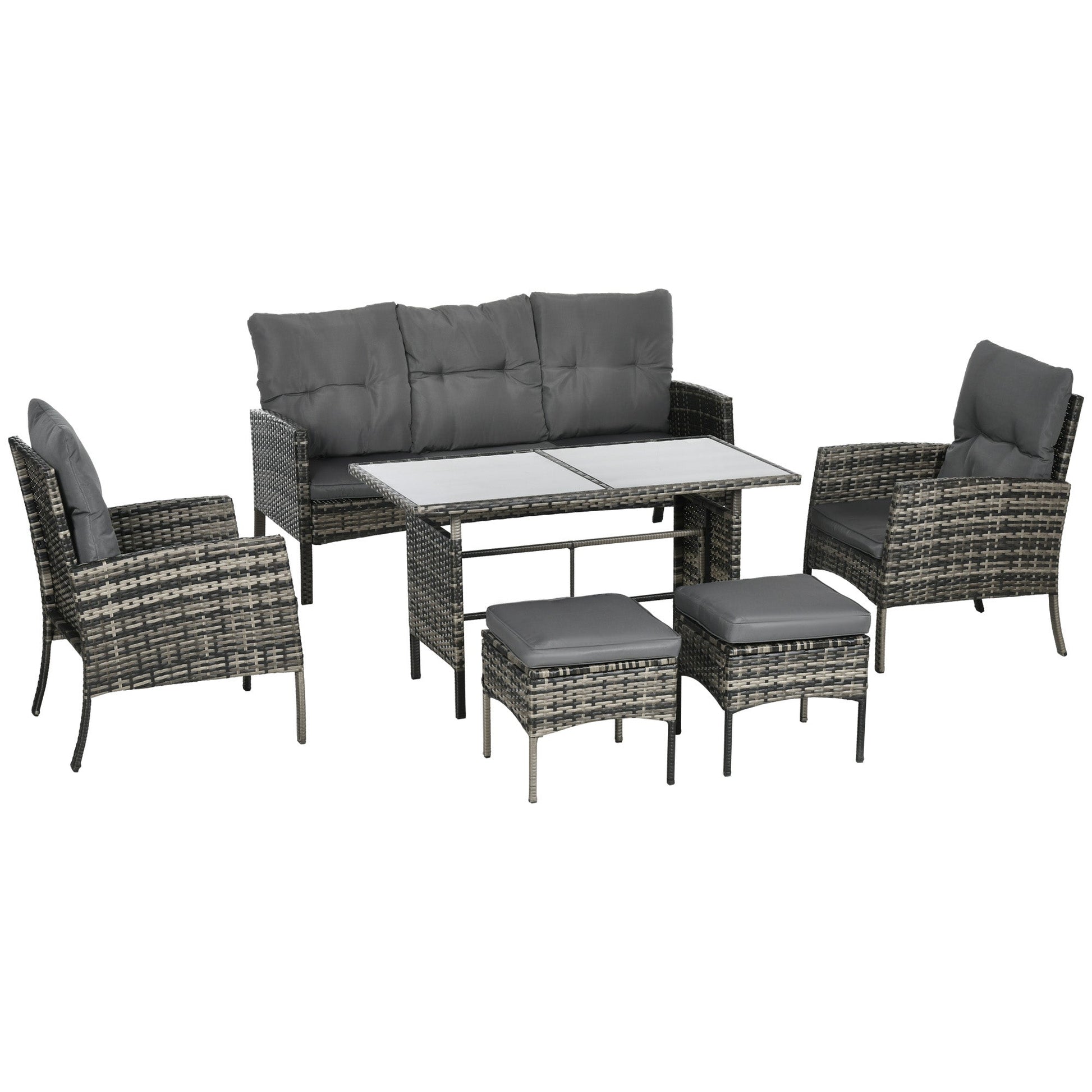 5 Seater Rattan Garden Furniture Set, 2 Armchairs, 3-Seater Wicker Sofa, 2 Footstools and Glass Table, 6 Piece Patio Rattan furniture Sofa Sets with Cushions for Conservatory, Mixed Grey