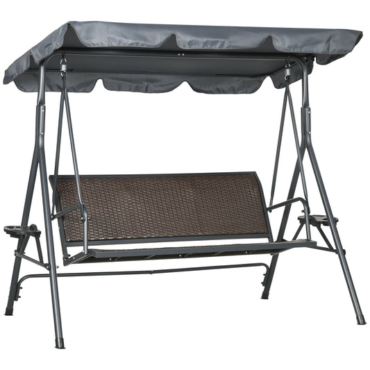 3 Seater Swing Chair, Garden Swing Seat Bench with Adjustable Canopy, Rattan Seat and Steel Frame for Patio, Yard, Dark Grey