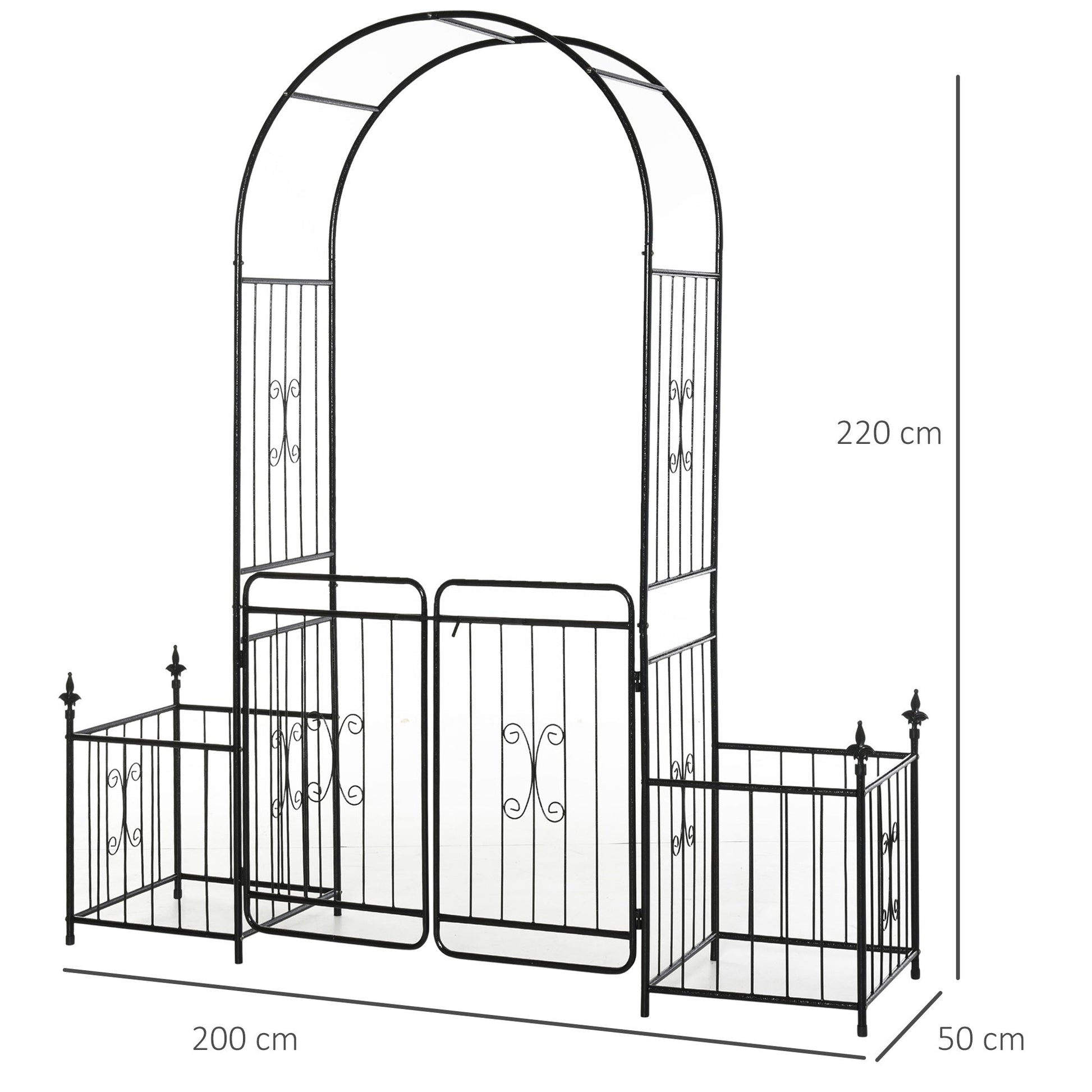 Metal Garden Arbor Arch with Double Doors, 2 Side Planter Baskets, Climbing Vine Frame, Black