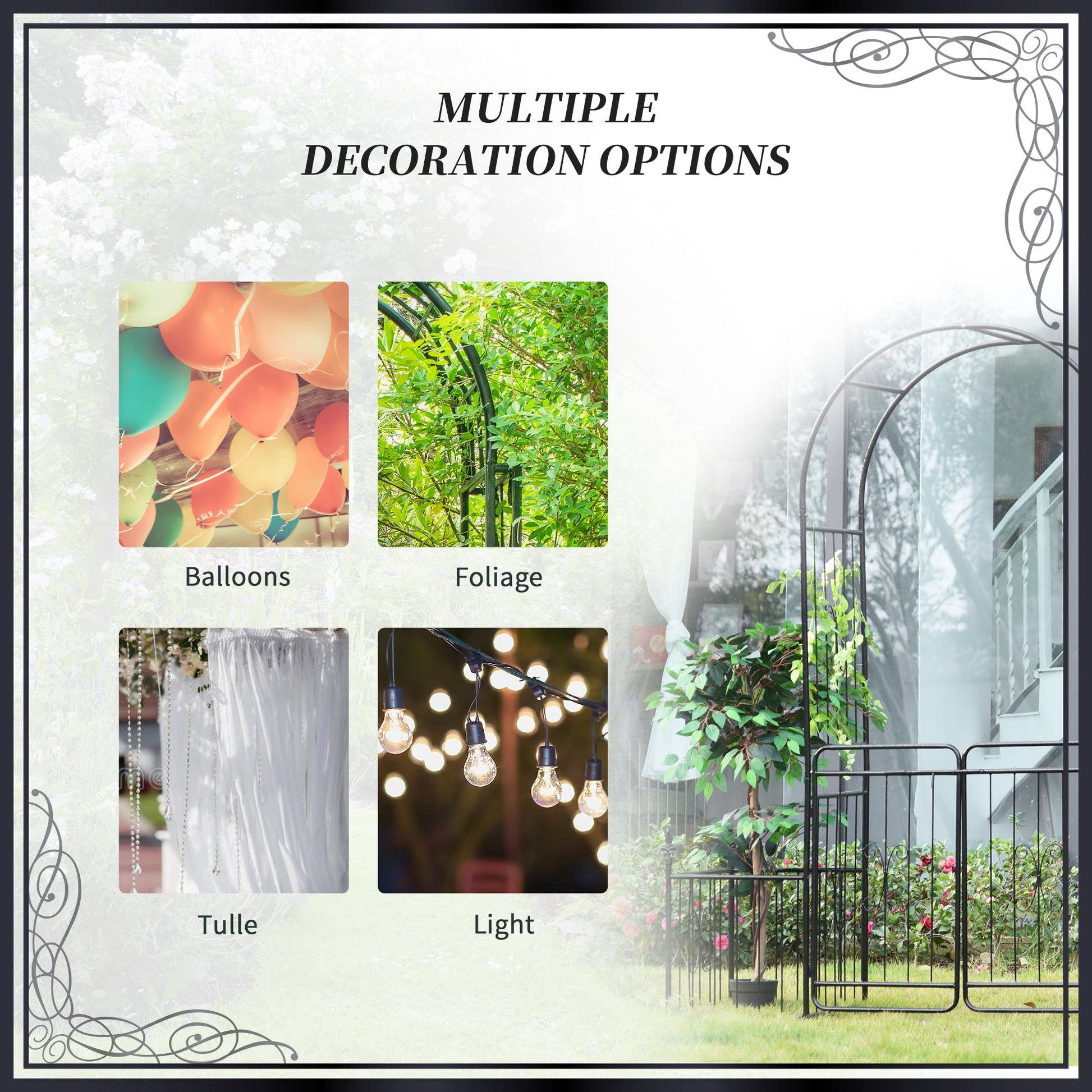 Metal Garden Arbor Arch with Double Doors, 2 Side Planter Baskets, Climbing Vine Frame, Black