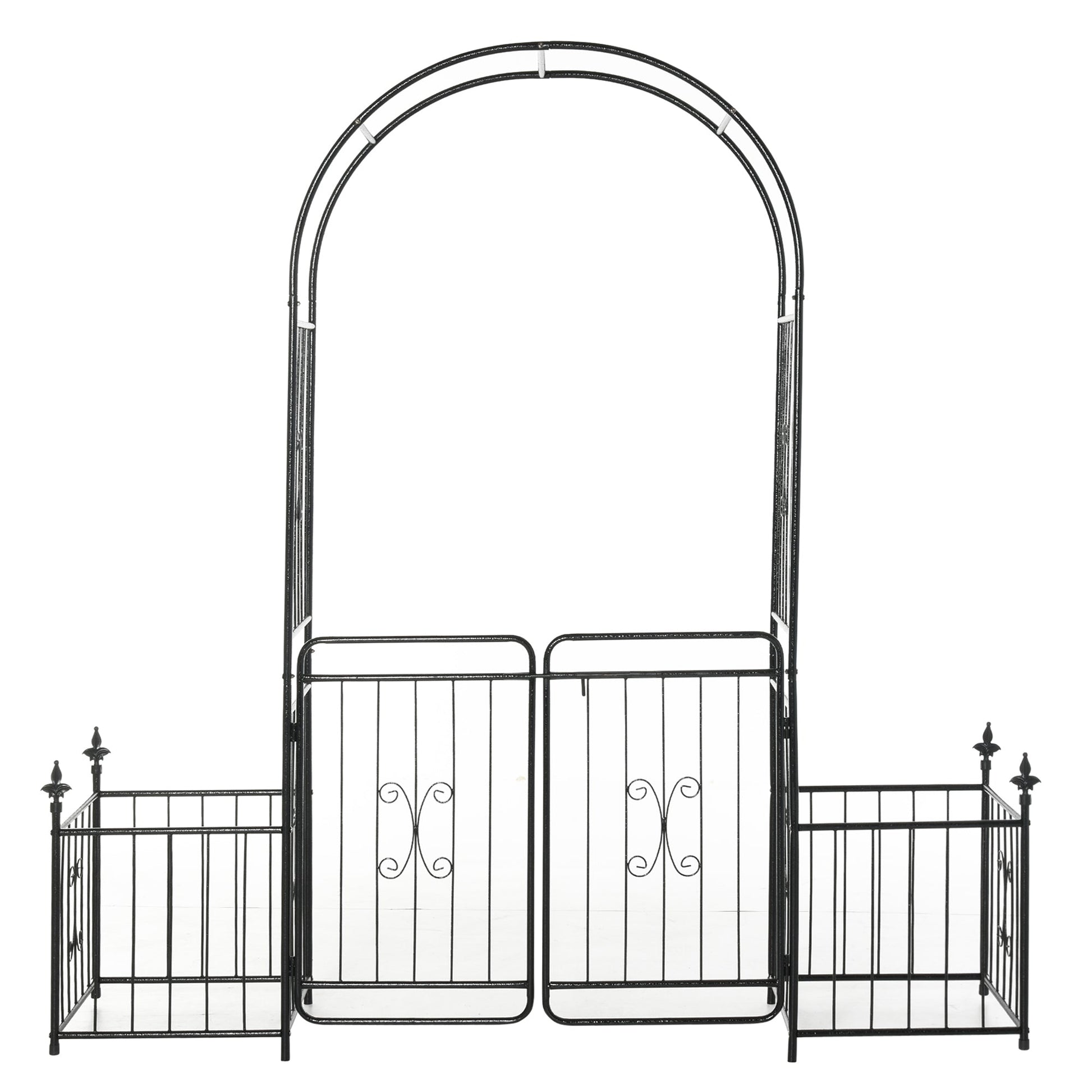 Metal Garden Arbor Arch with Double Doors, 2 Side Planter Baskets, Climbing Vine Frame, Black