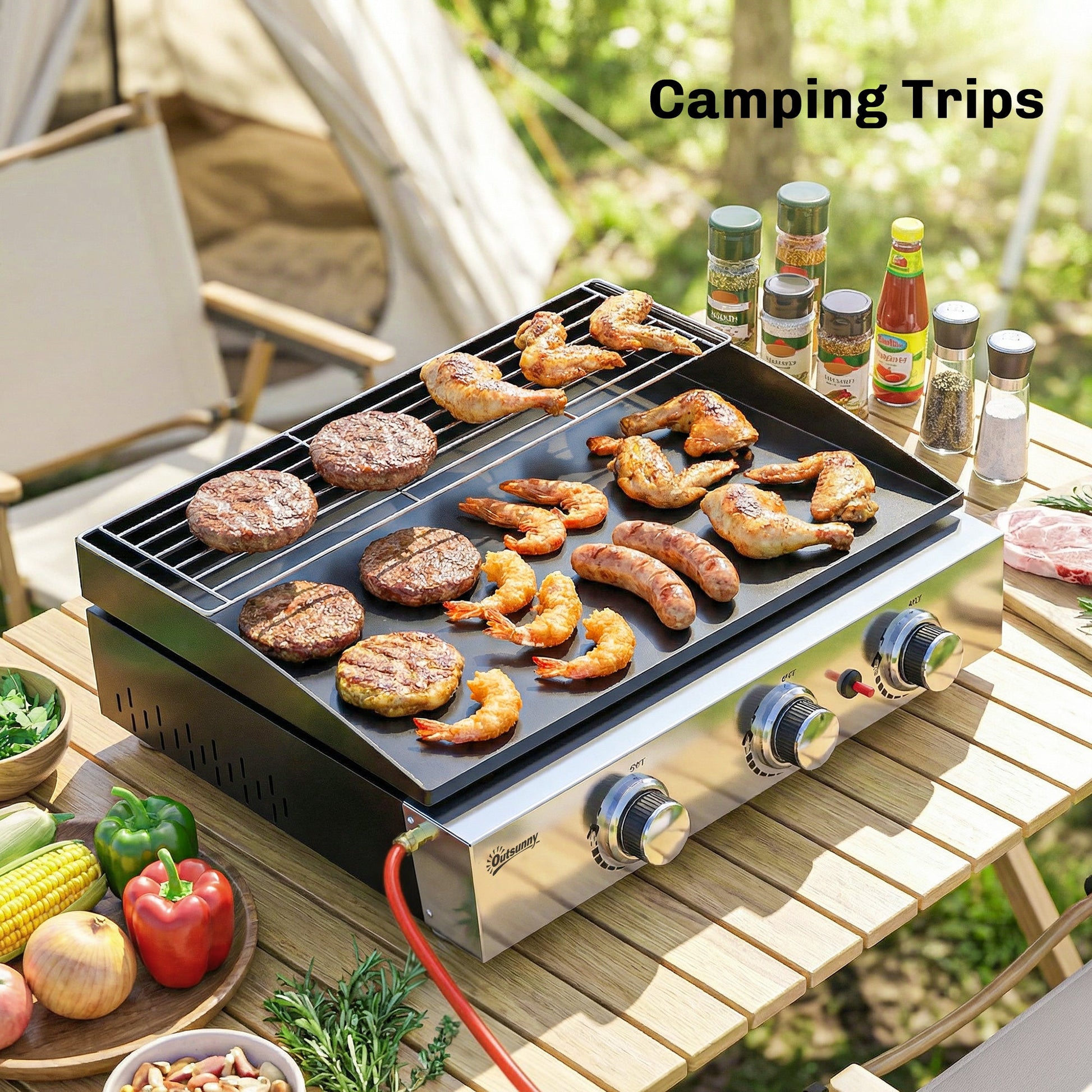 3 Burner Grill Griddle, Portable Gas Plancha with Warming Rack, 7.5 kW, Tabletop Gas BBQ with Grease Cup for Camping Picnic Patios, Black