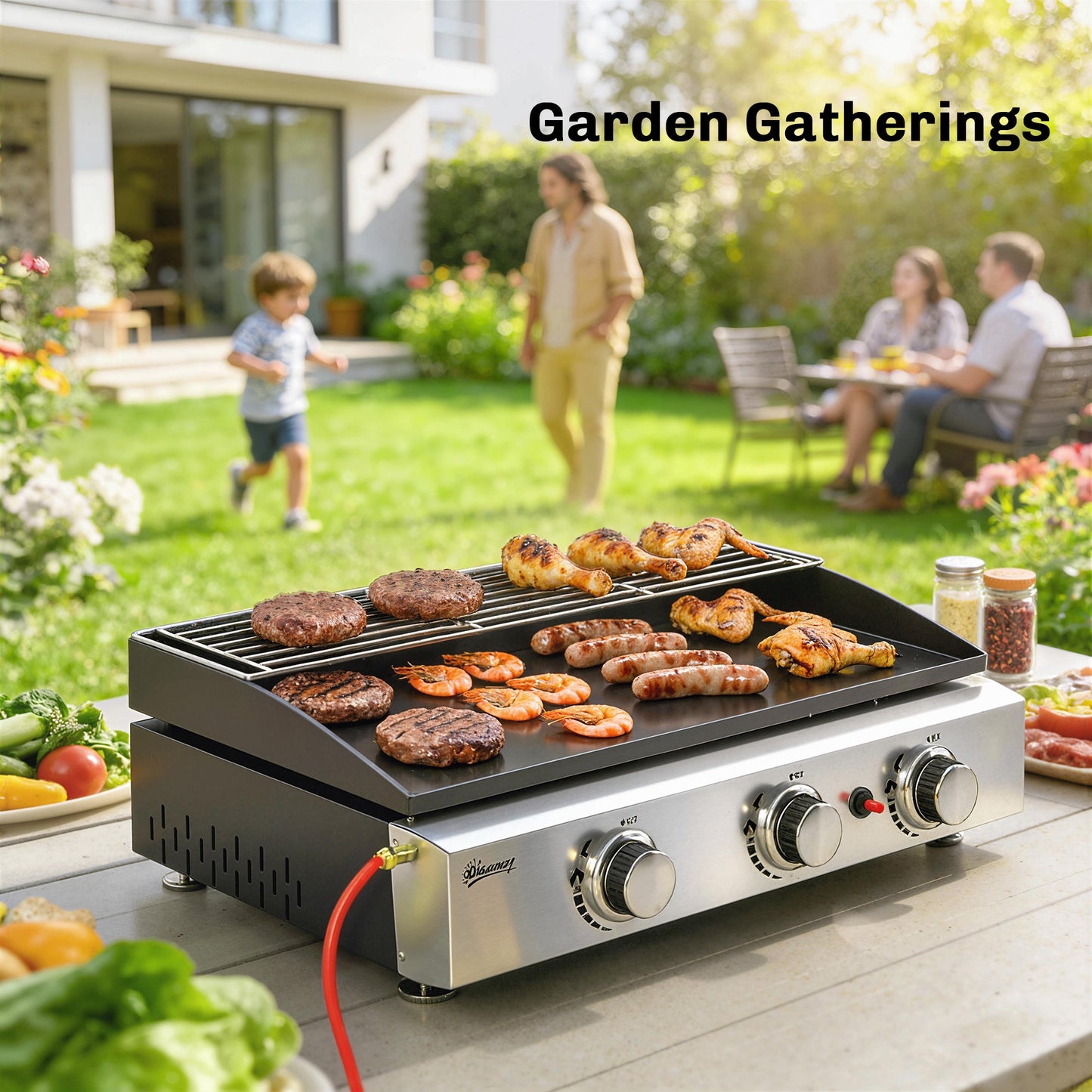 3 Burner Grill Griddle, Portable Gas Plancha with Warming Rack, 7.5 kW, Tabletop Gas BBQ with Grease Cup for Camping Picnic Patios, Black