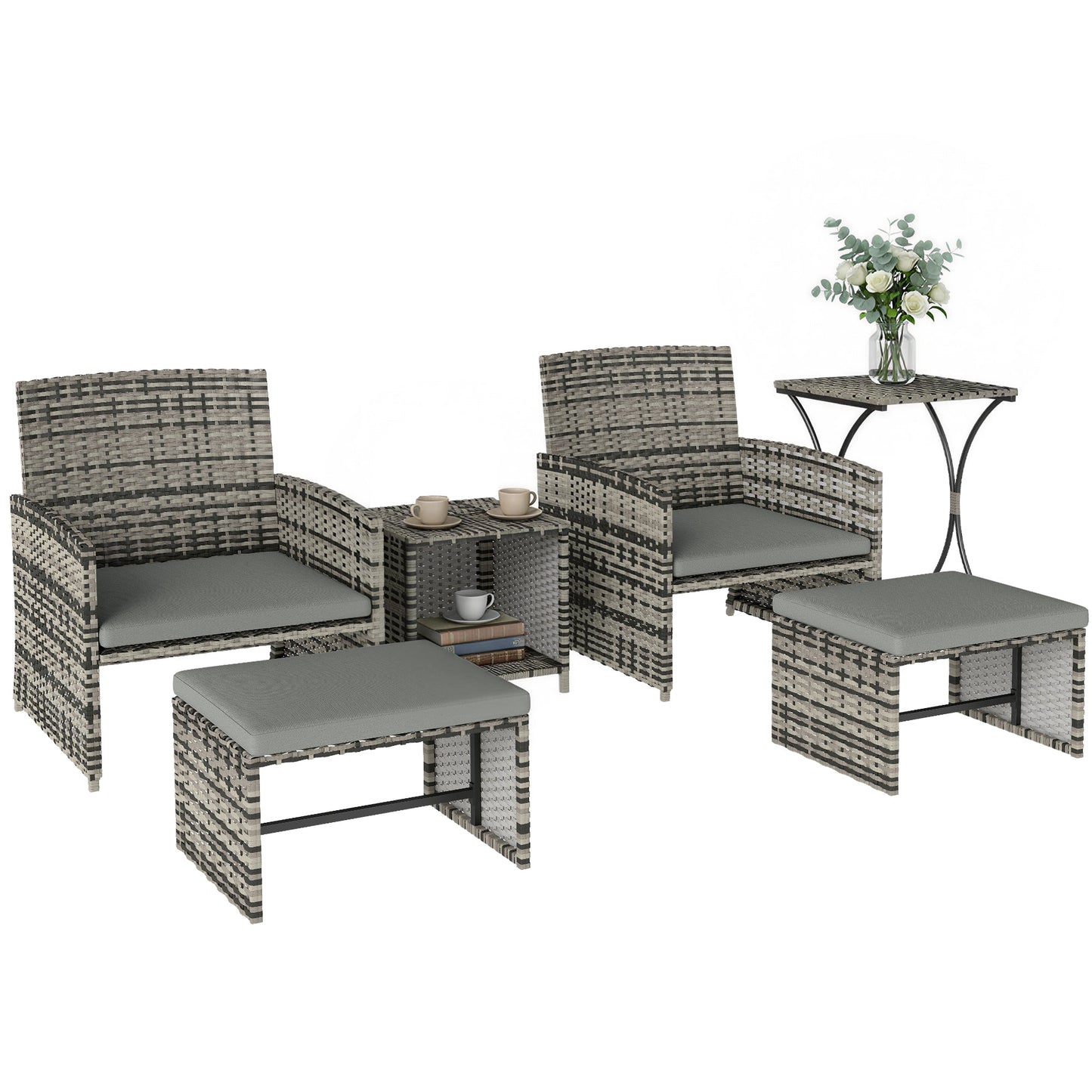 6 Piece Rattan Garden Furniture Set, Space-Saving Patio Furniture Conversation Set with 2 Nesting Tables, 2 Chairs, 2 Footstools, Wicker Outdoor Sofa with Cushions for Balcony Porch, Grey
