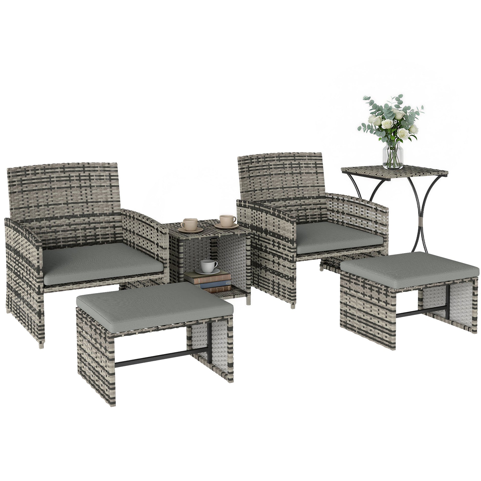 6 Piece Rattan Garden Furniture Set, Space-Saving Patio Furniture Conversation Set with 2 Nesting Tables, 2 Chairs, 2 Footstools, Wicker Outdoor Sofa with Cushions for Balcony Porch, Grey